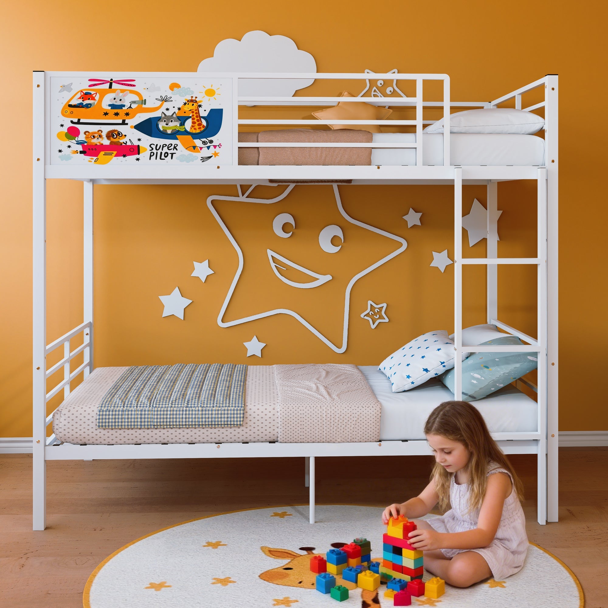 Metal Bunk Bed Frame Twin Over Twin with Ladder and High Guardrail