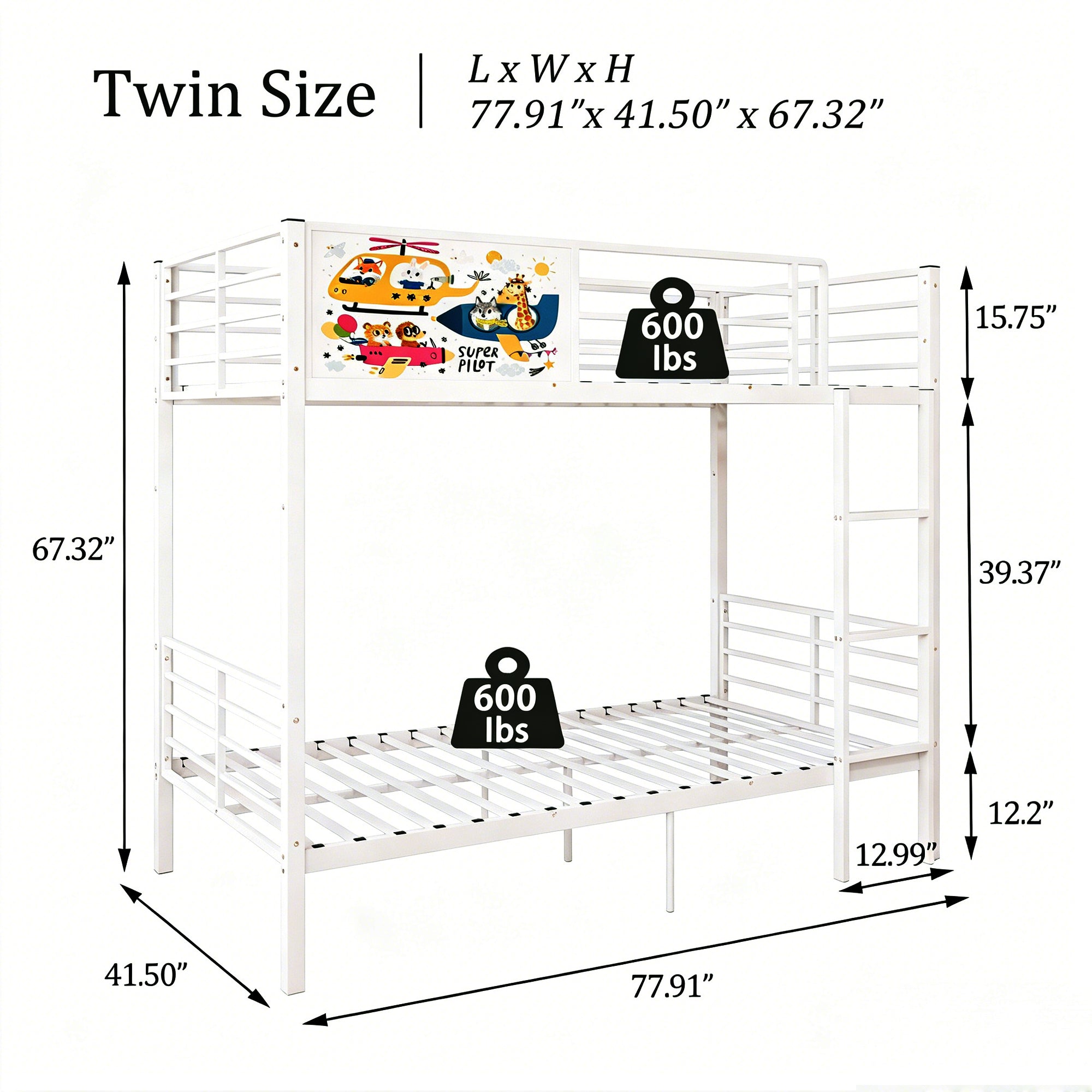 Metal Bunk Bed Frame Twin Over Twin with Ladder and High Guardrail