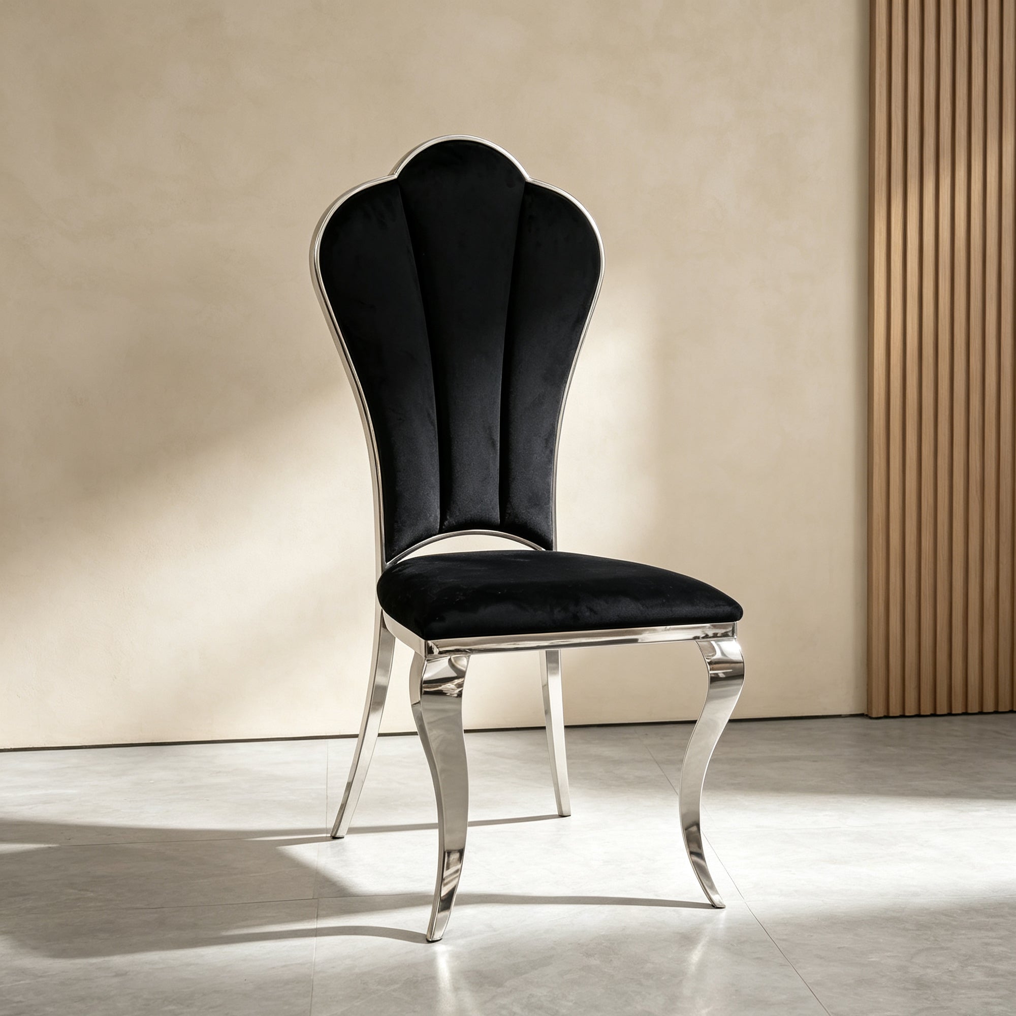 Black and Silver Dining Chairs, Upholstered High Back Dining Chairs with Mirrored Stainless Steel Backrest and Legs.