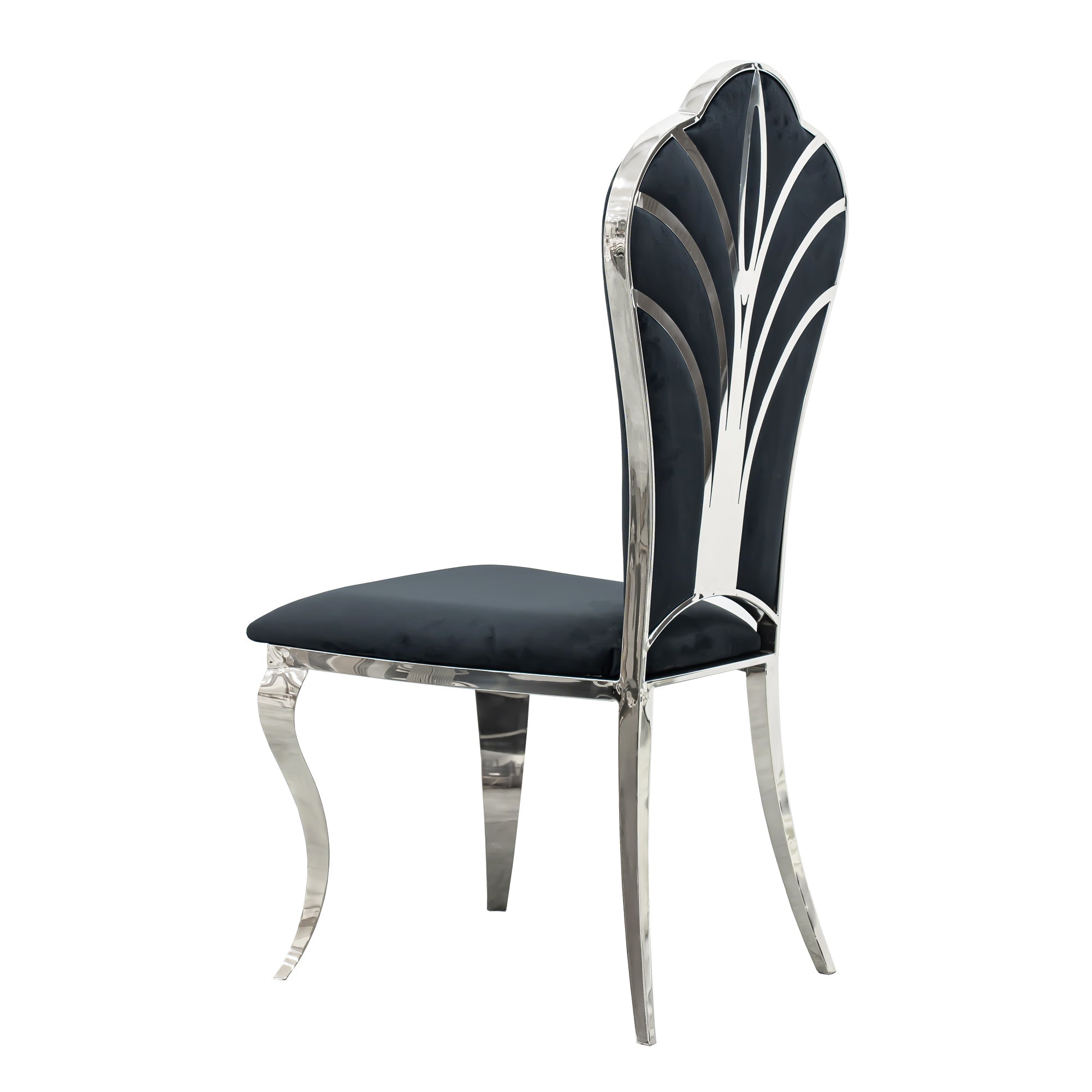 Black and Silver Dining Chairs, Upholstered High Back Dining Chairs with Mirrored Stainless Steel Backrest and Legs.