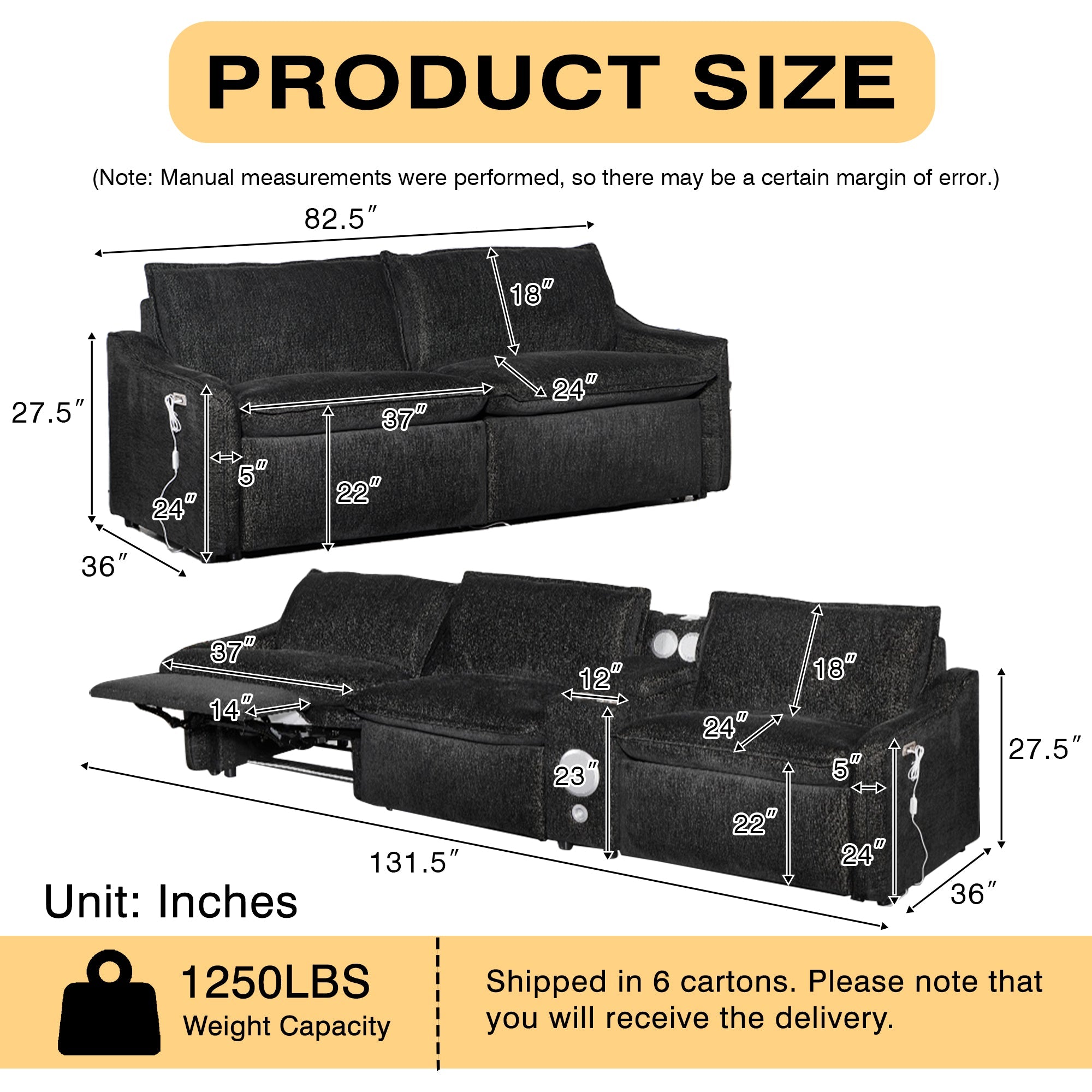 Black Electric Recliner Sofa Set--MS908-Black-3SET