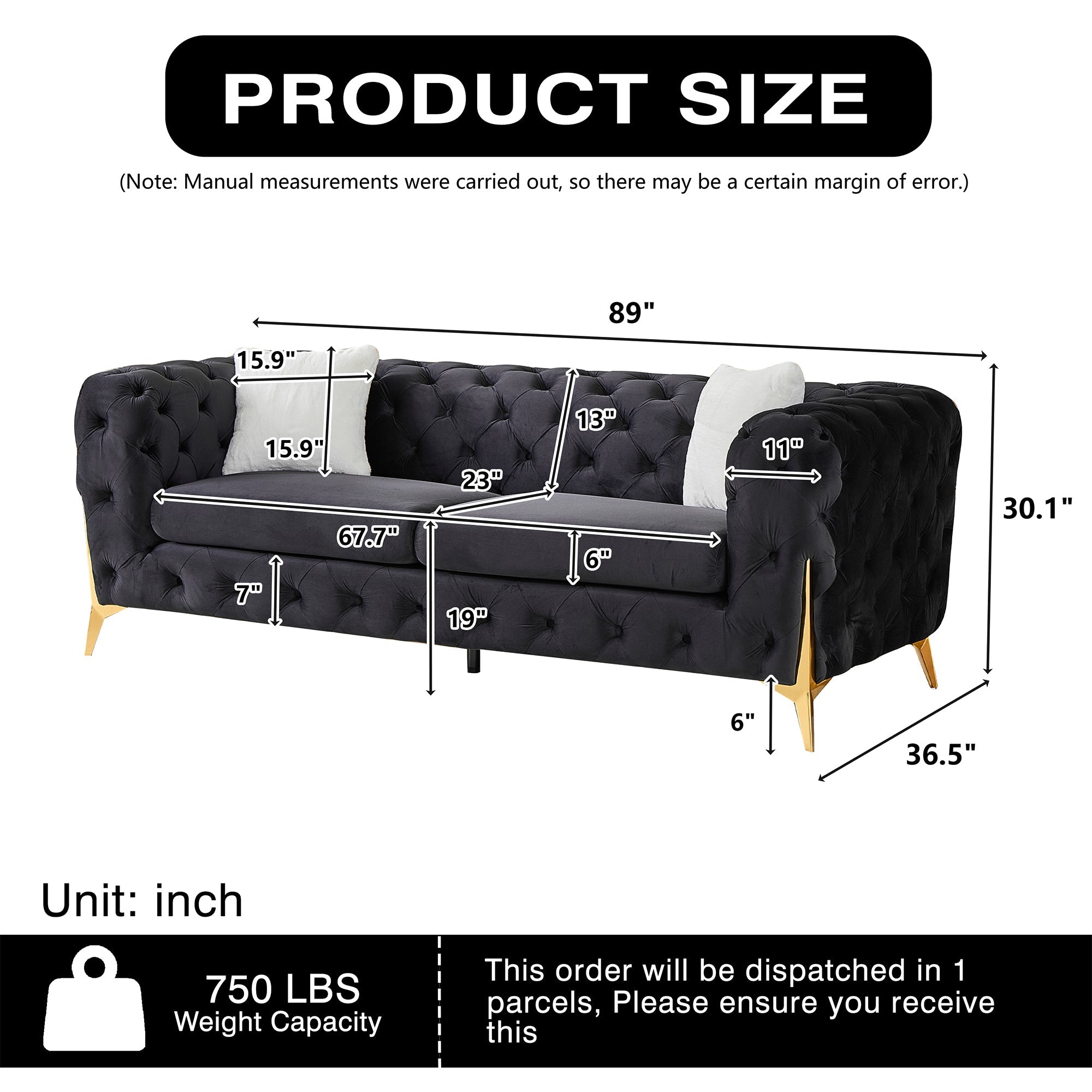 Black 3S Chesterfield Sofa, Tufted Velvet Sofa, 3 Seater Sofa, Living Room Couch, Classic Button Tuft Sofa