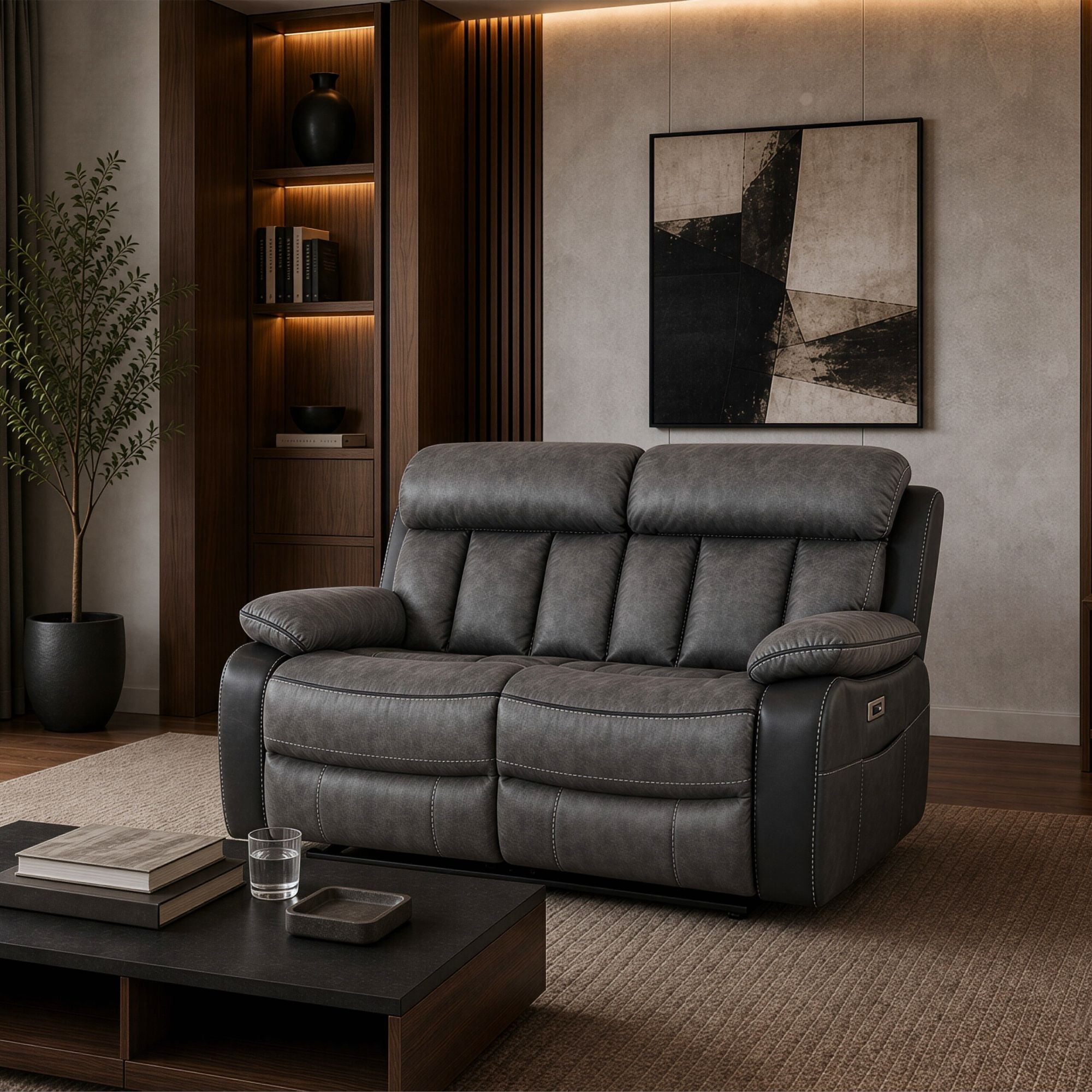 Kael Power Recliner & 2-Seater Sofa Set, Breathable Leather with Side Armrest Storage, Rustic Home Theater Seating 007