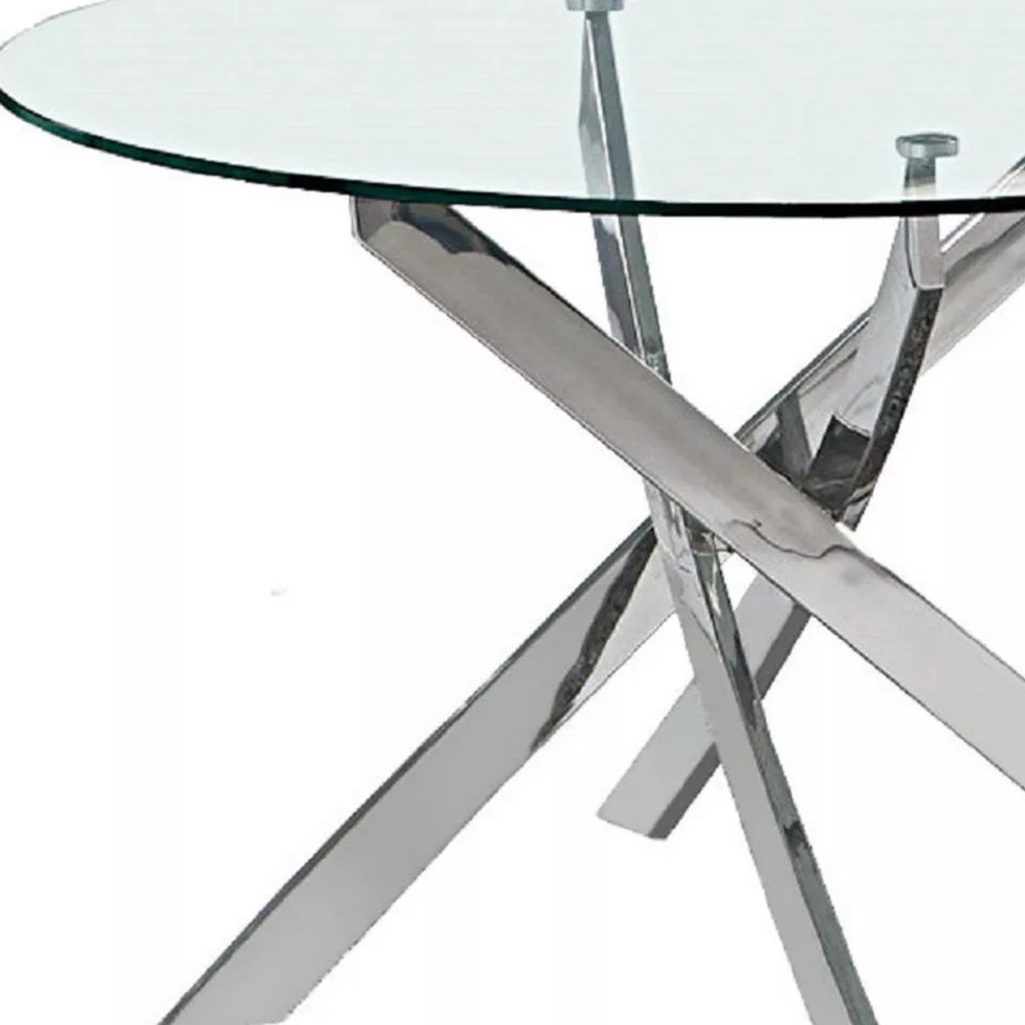 DT012-Round Tempered Glass Dining Table with Chrome Metal X‑Shape Base