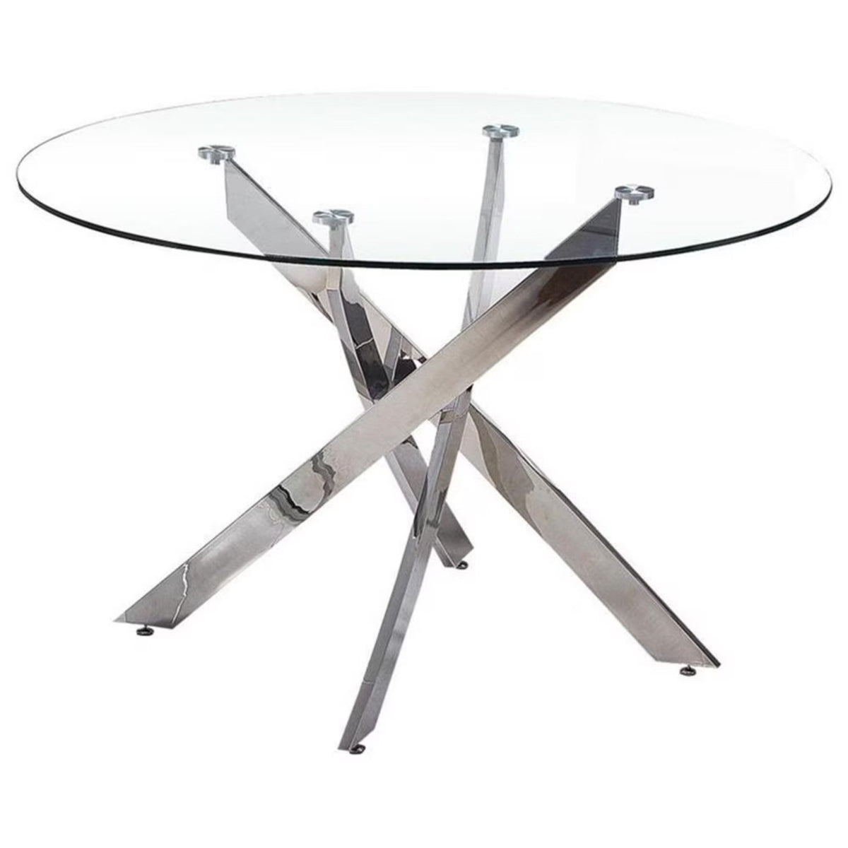 DT012-Round Tempered Glass Dining Table with Chrome Metal X‑Shape Base