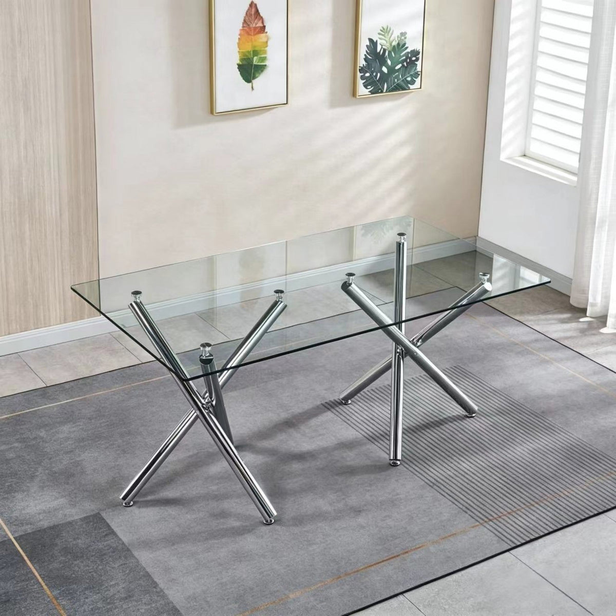 DT018-Contemporary Clear Glass Dining Table, Polished Chrome Cross Metal Base, Minimalist Dinner Table for Home