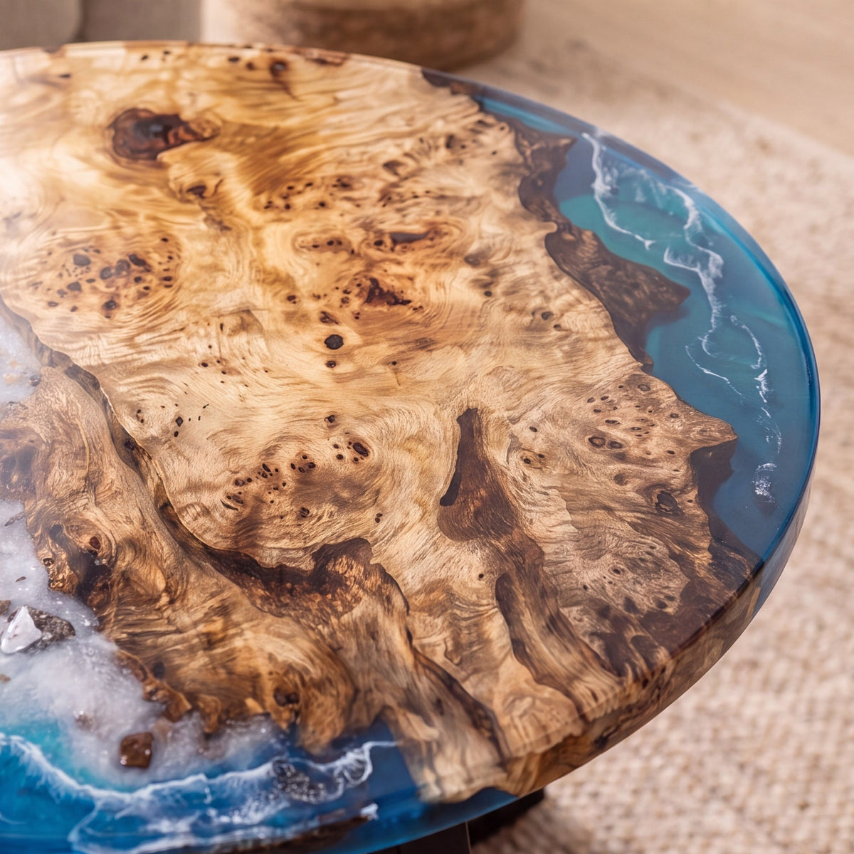 Poplar Blue Epoxy Round Coffee Table-PLSY04(Tabletop with legs)