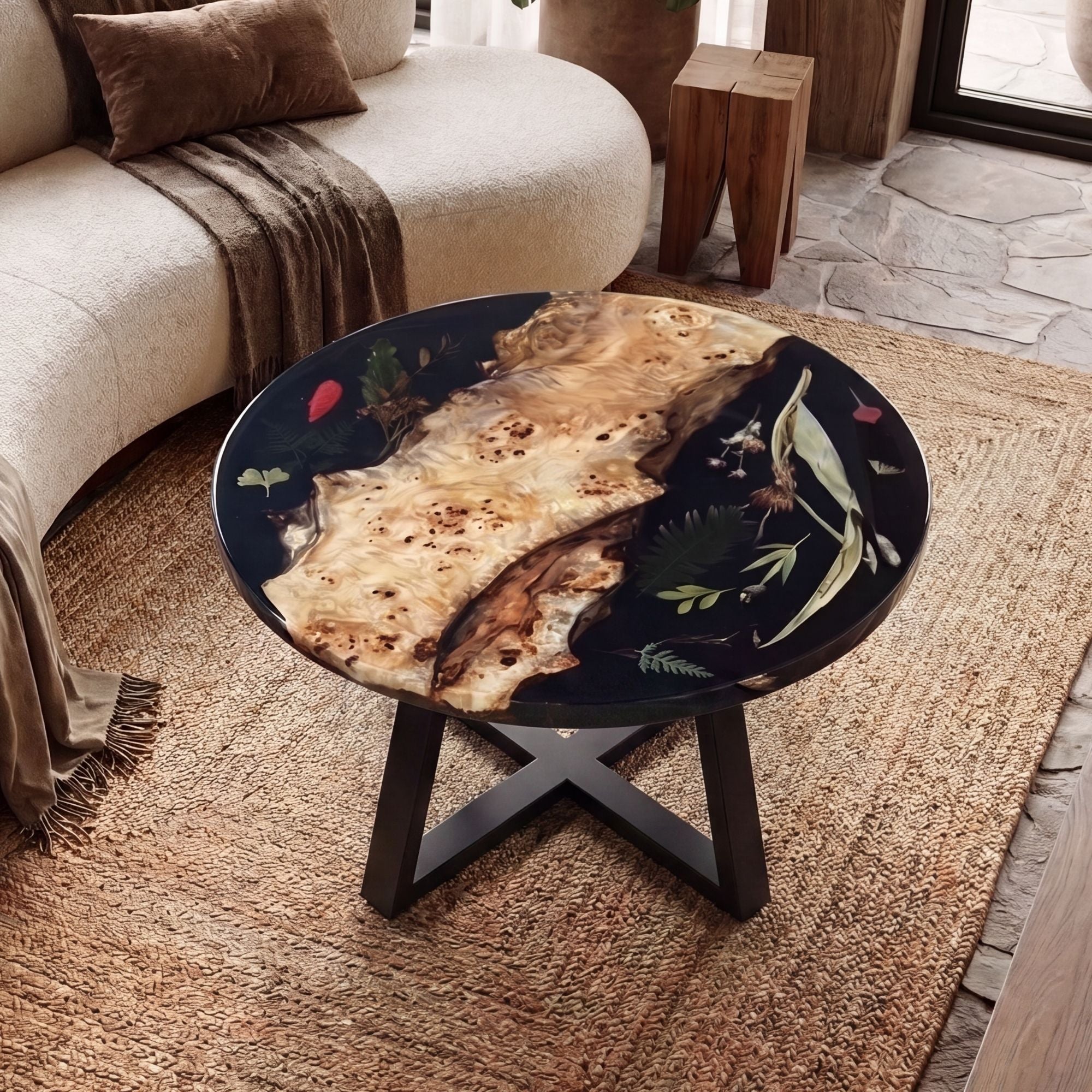 Poplar Black Epoxy with Floral Round Coffee Table-PLFY03(Tabletop only, legs not included)