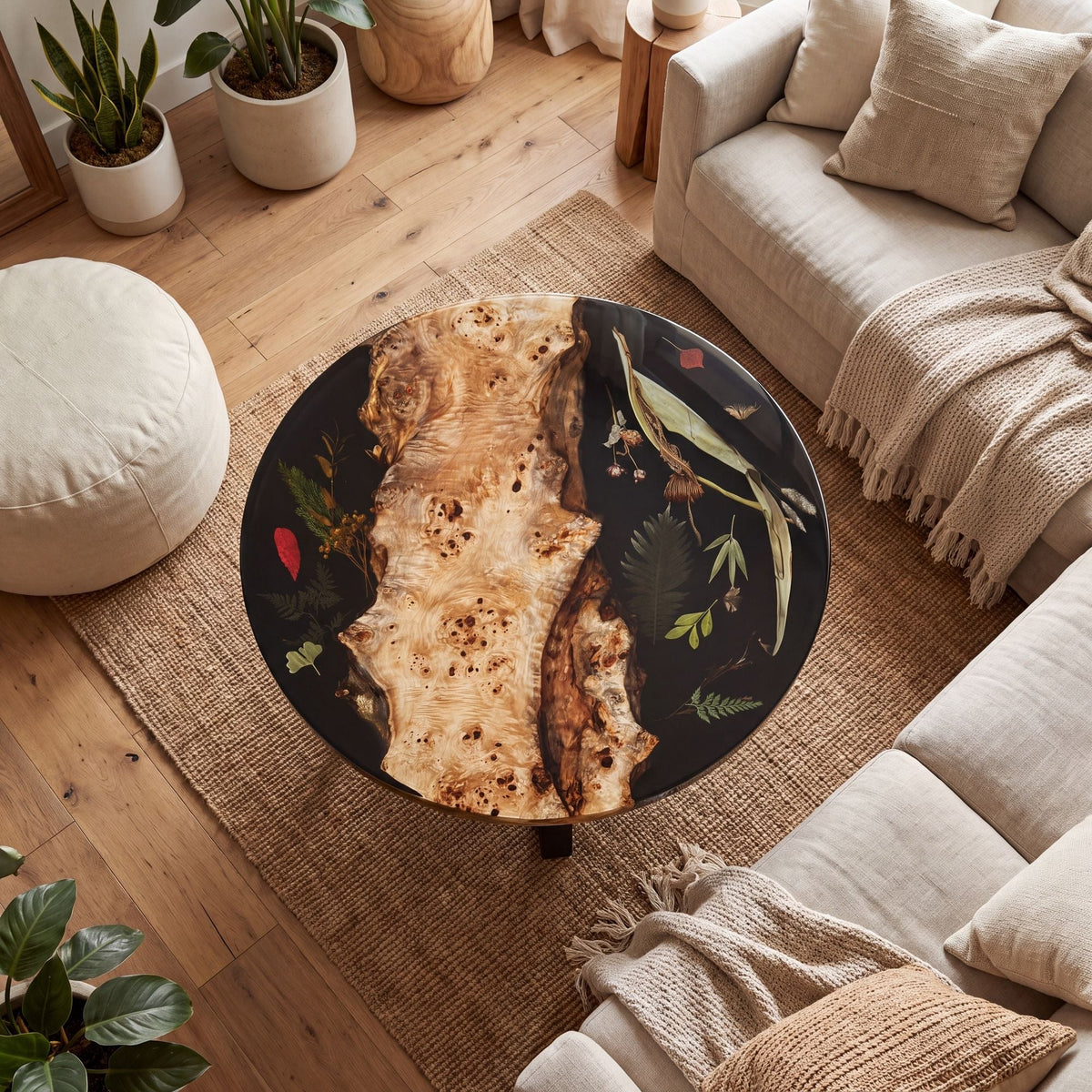 Poplar Black Epoxy with Floral Round Coffee Table-PLFY03(Tabletop with legs)