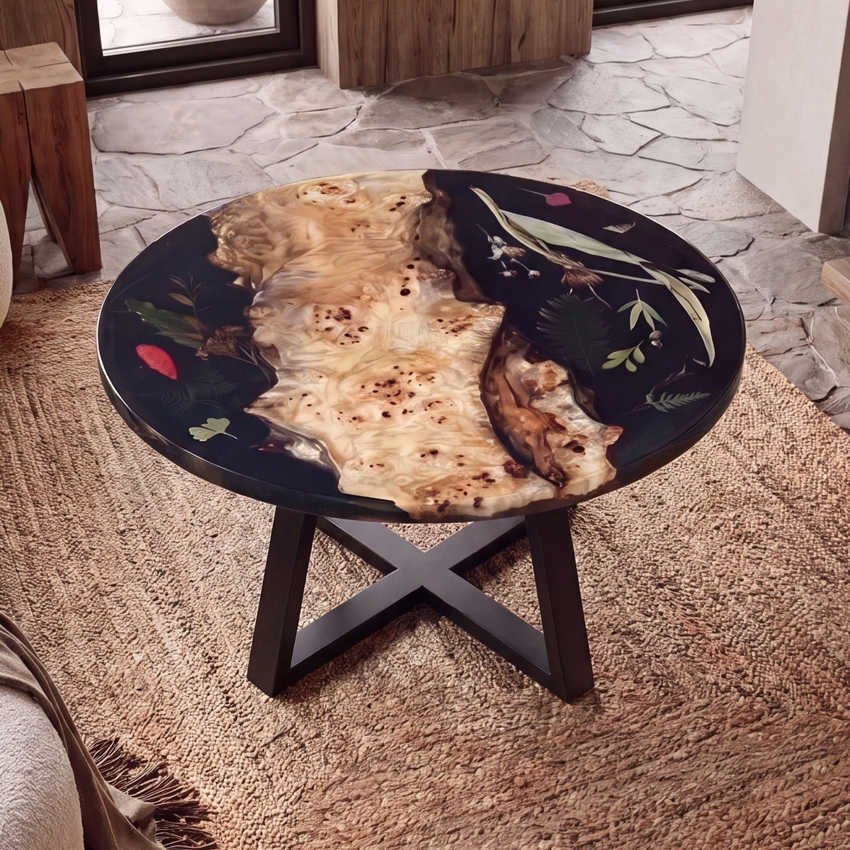 Poplar Black Epoxy with Floral Round Coffee Table-PLFY03(Tabletop with legs)