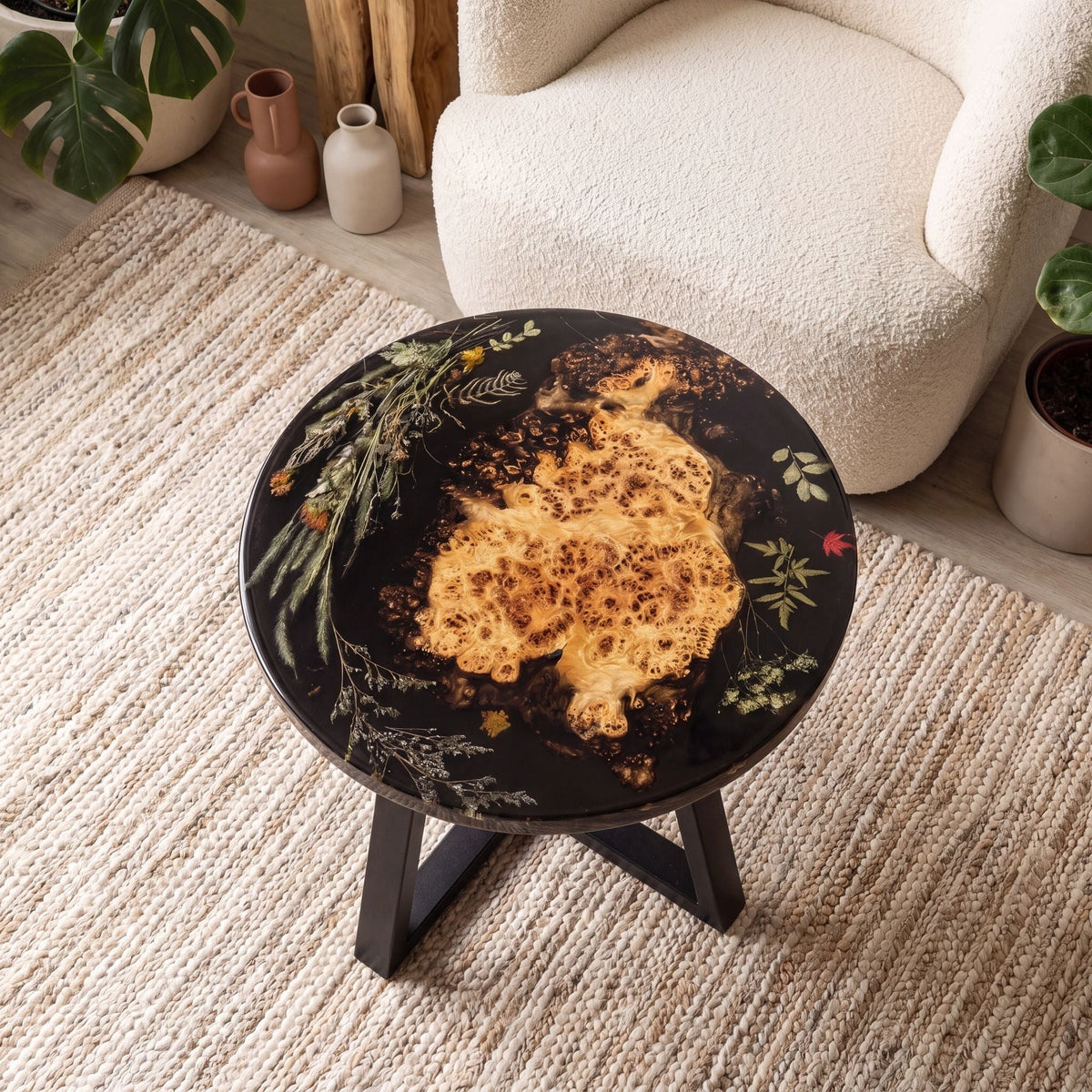Poplar Black Epoxy with Floral Round Coffee Table-PLFY02(Tabletop only, legs not included)