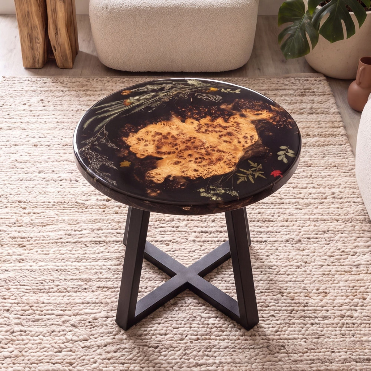 Poplar Black Epoxy with Floral Round Coffee Table-PLFY02(Tabletop only, legs not included)
