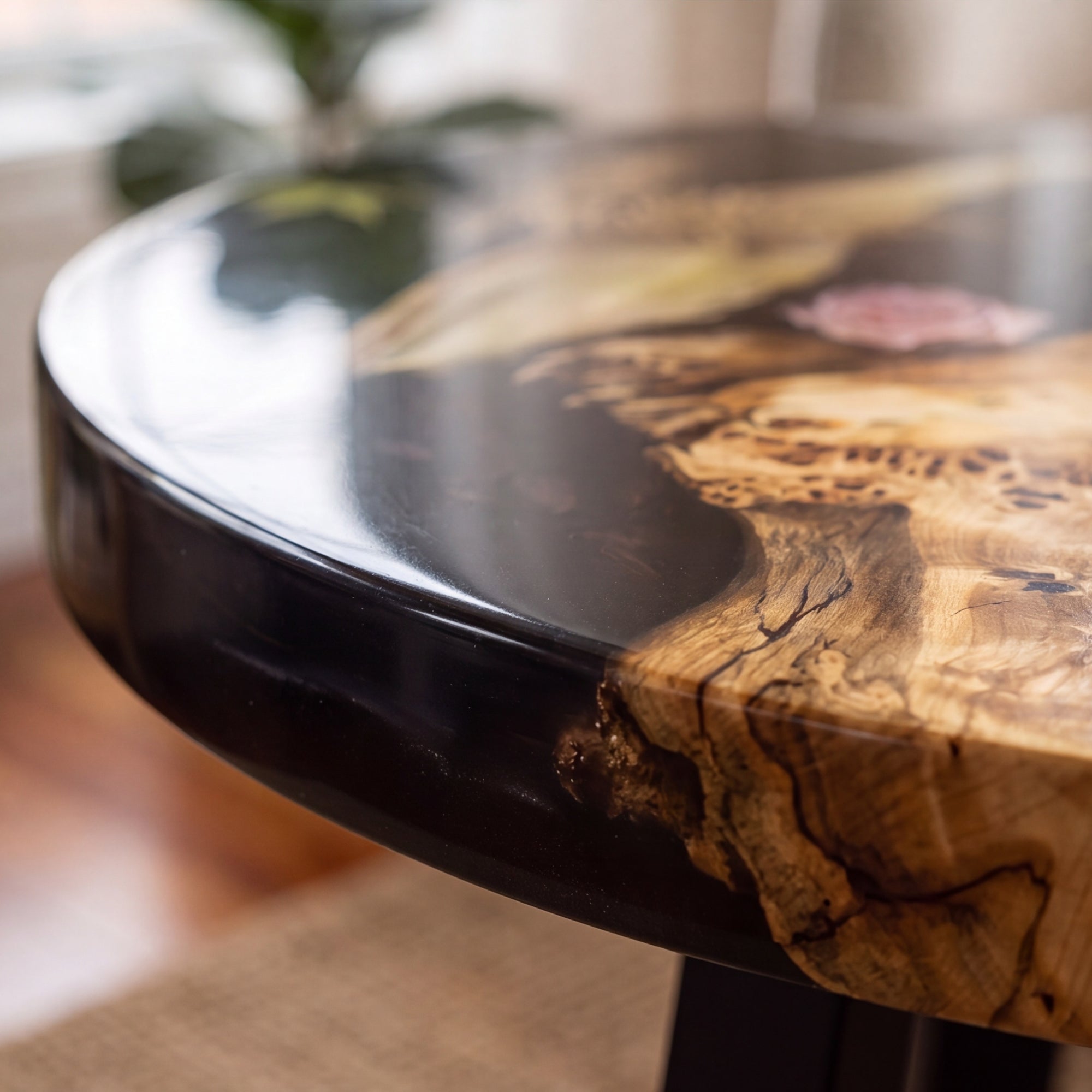 Poplar Black Epoxy with Floral Round Coffee Table-PLFY01(Tabletop only, legs not included)