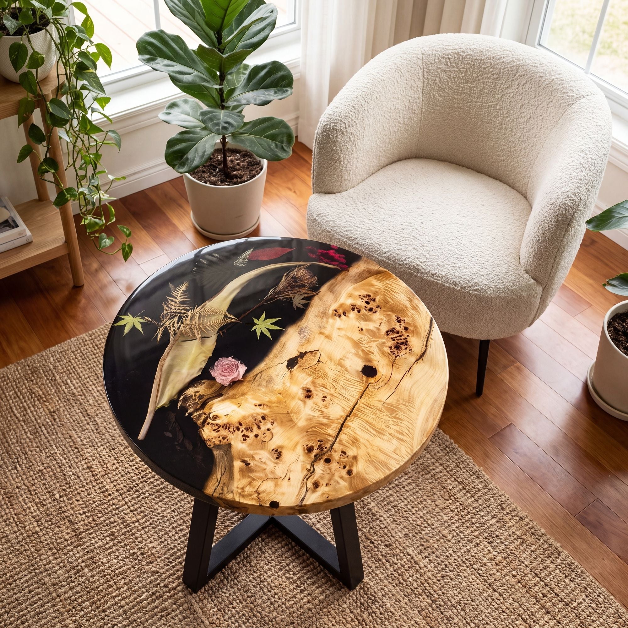 Poplar Black Epoxy with Floral Round Coffee Table-PLFY01(Tabletop only, legs not included)