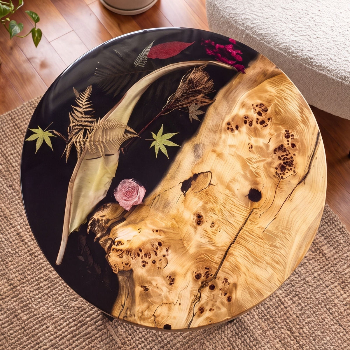 Poplar Black Epoxy with Floral Round Coffee Table-PLFY01(Tabletop only, legs not included)