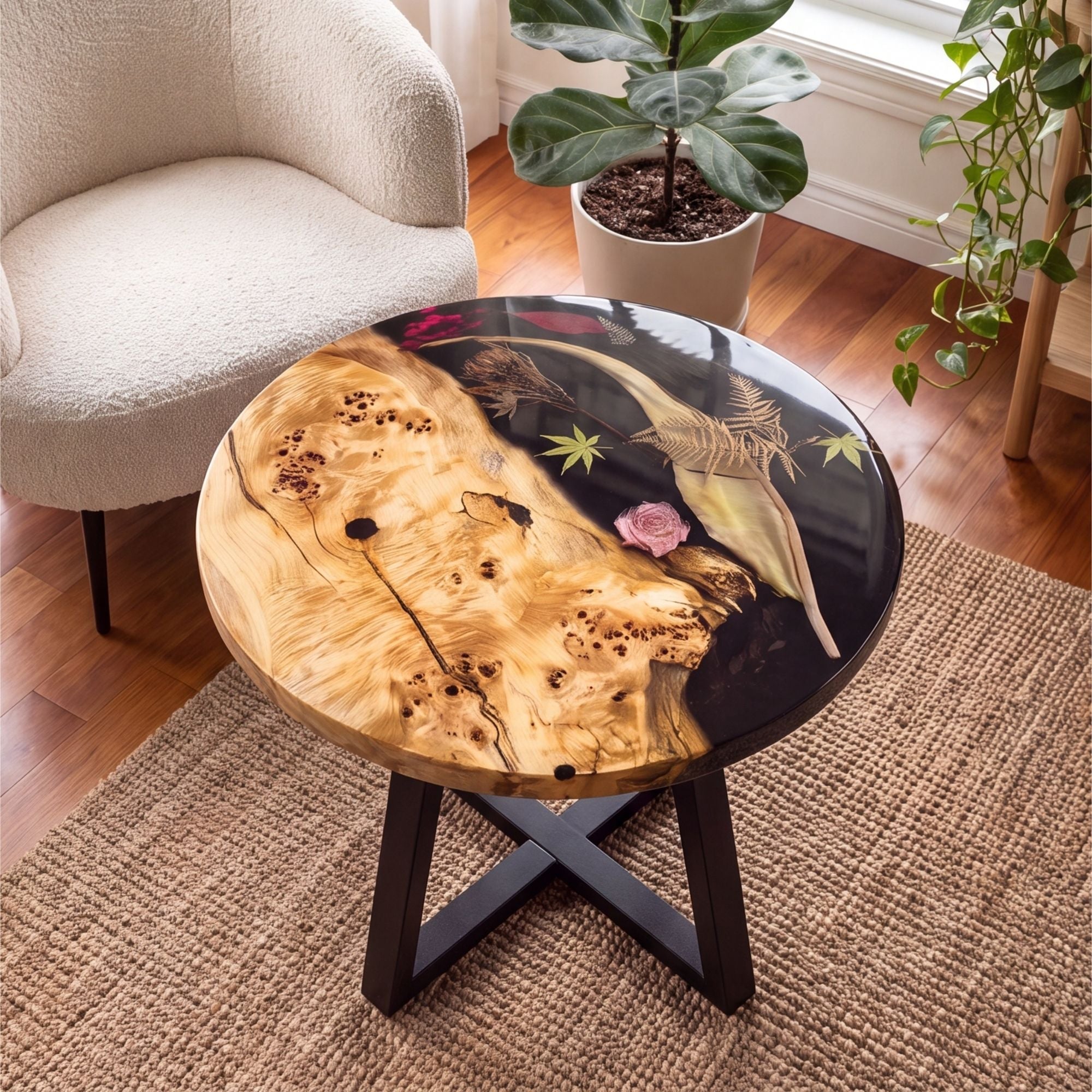 Poplar Black Epoxy with Floral Round Coffee Table-PLFY01(Tabletop only, legs not included)