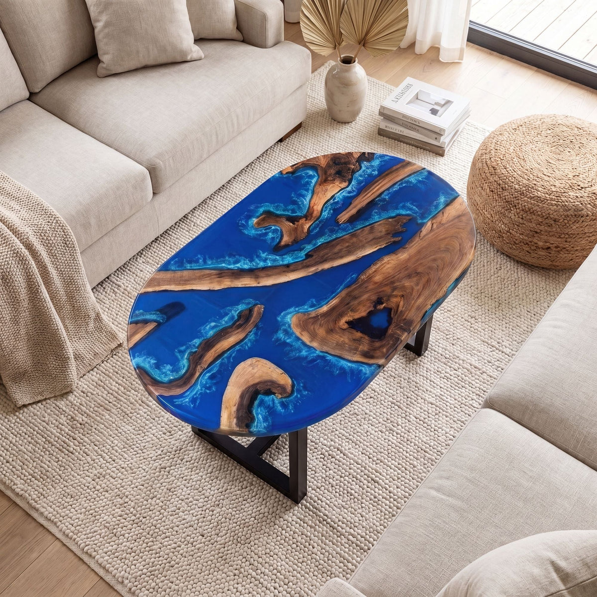 Black Walnut Blue Epoxy Oval Coffee Table(Tabletop with legs)