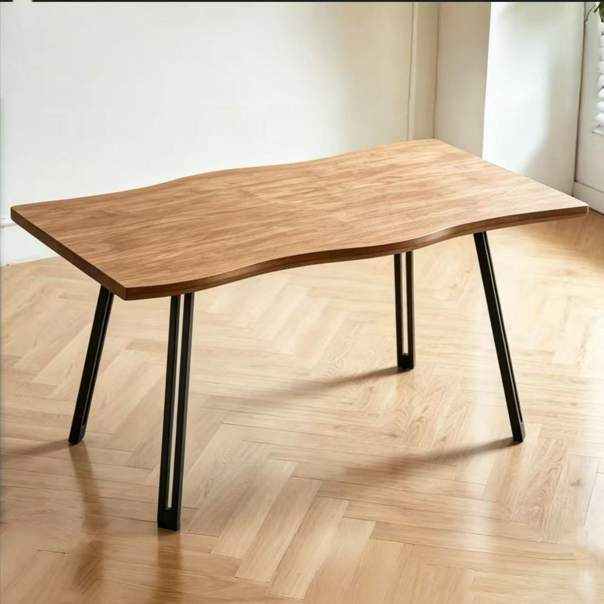 DT015-Rectangular Concrete‑Effect Dining Table with Black Metal Legs