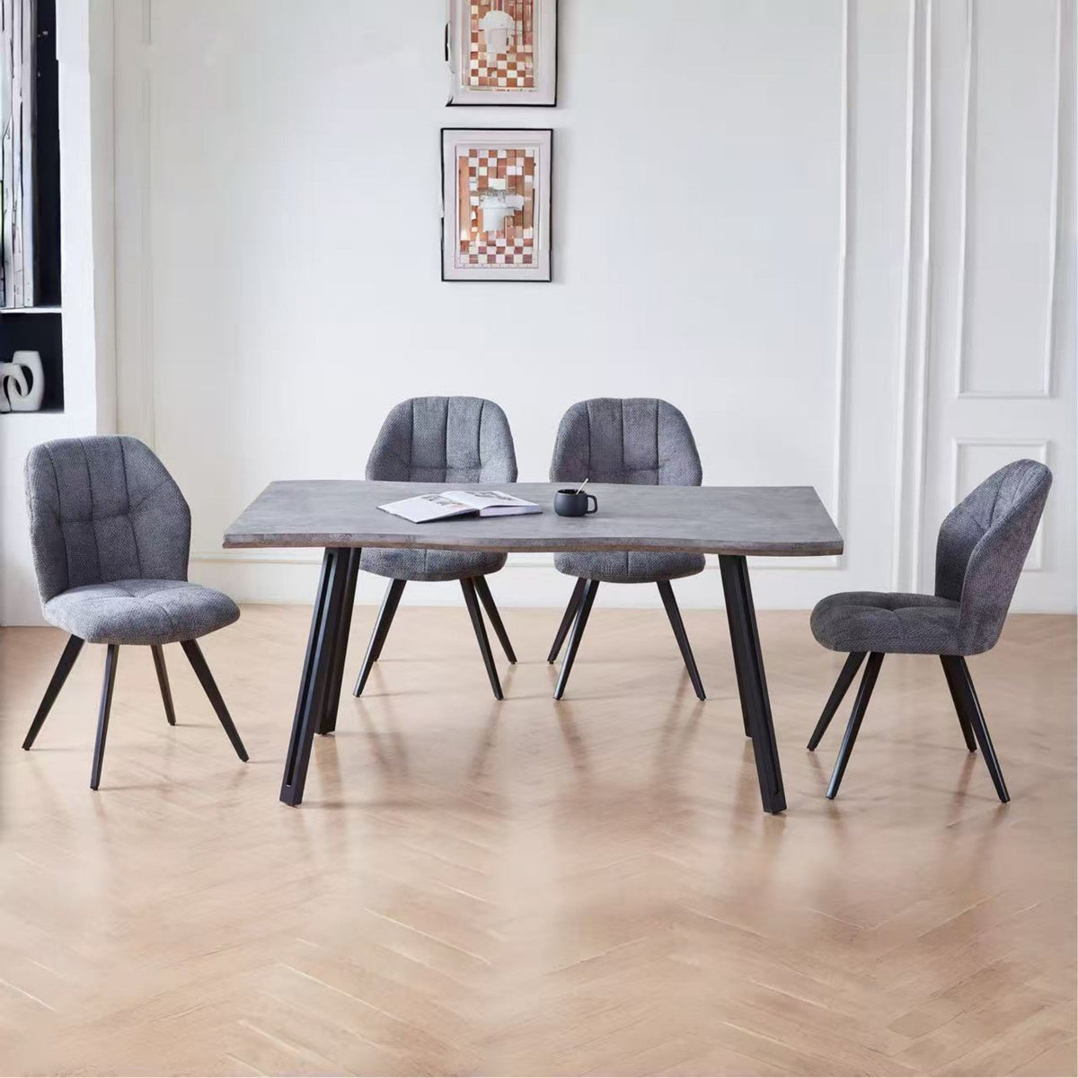 DT015-Rectangular Concrete‑Effect Dining Table with Black Metal Legs