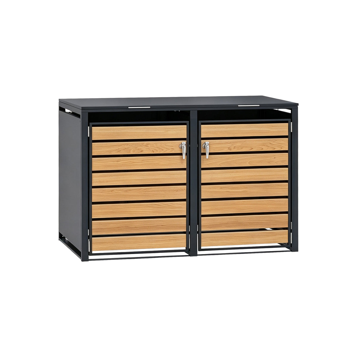 96 GALLON DOUBLE-DOOR STEEL TRASH CAN ENCLOSURE WITH NATURE WOOD GRAIN FRONT DOOR