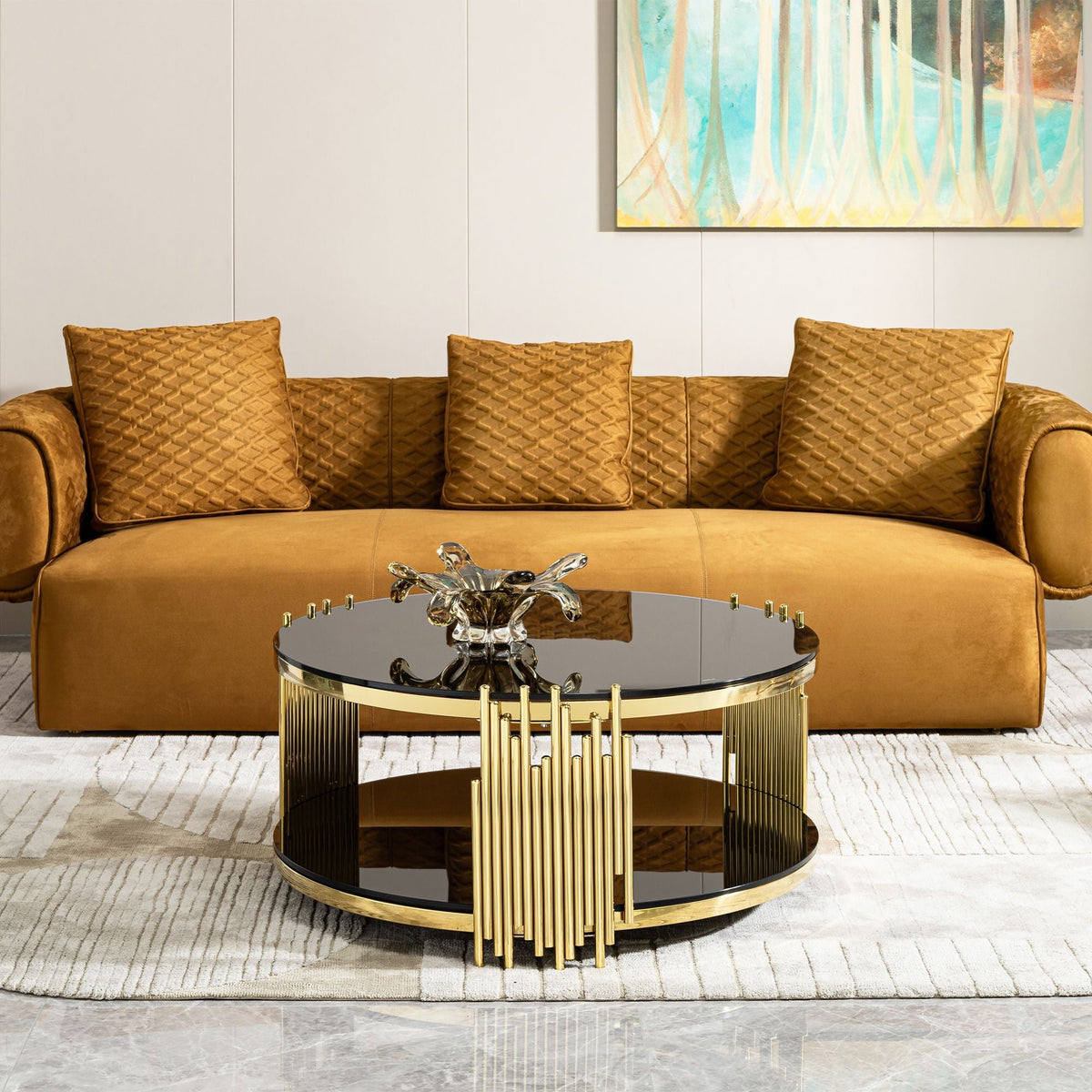 2-Tier Gold Stainless Steel Coffee Table with Black Tempered Glass Top, Storage for Living Room