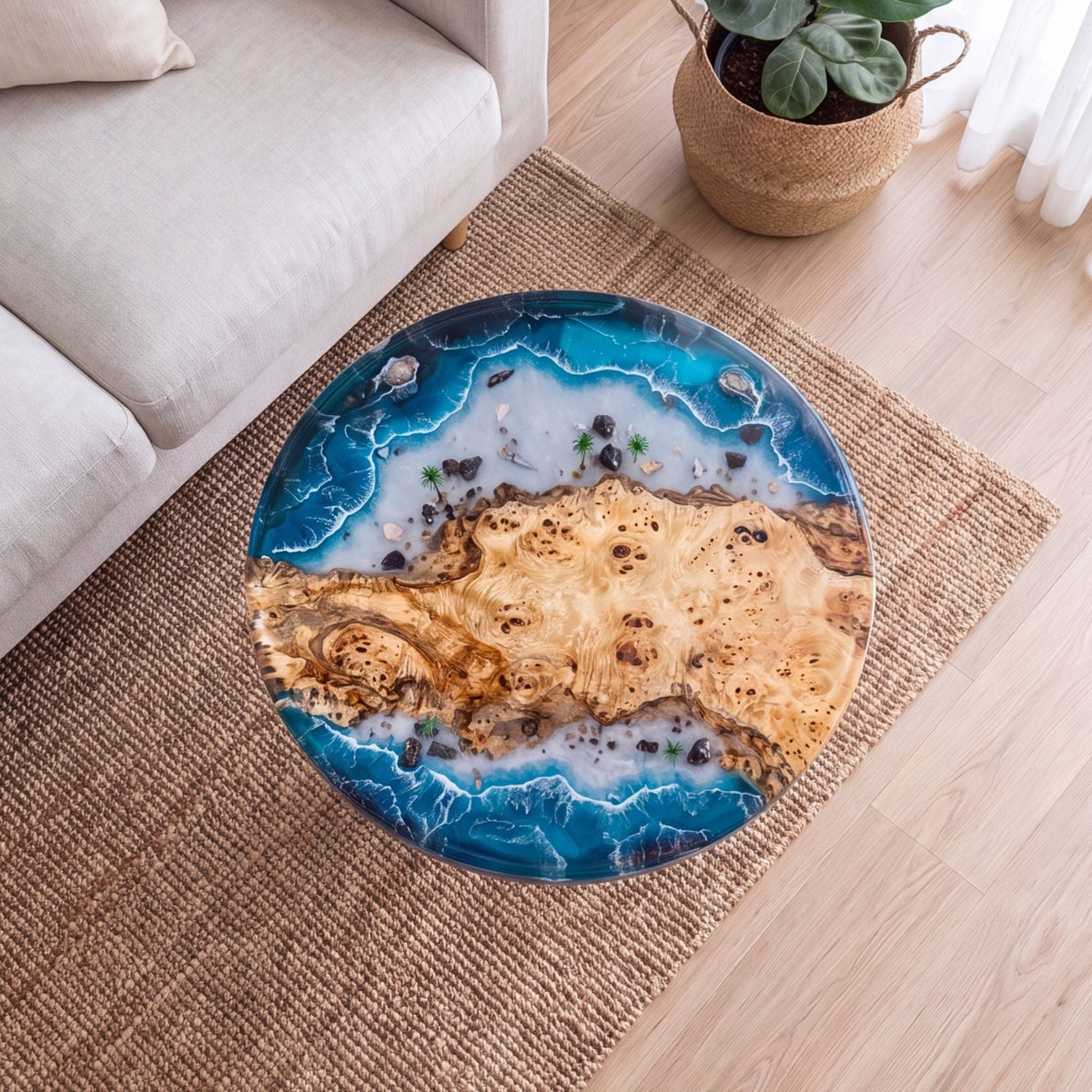 Poplar Blue Epoxy Round Coffee Table-PLSY01(Tabletop with legs)