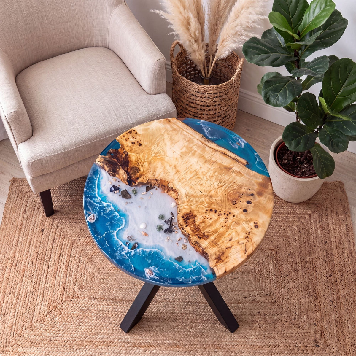 Poplar Blue Epoxy Round Coffee Table-PLSY02(Tabletop with legs)