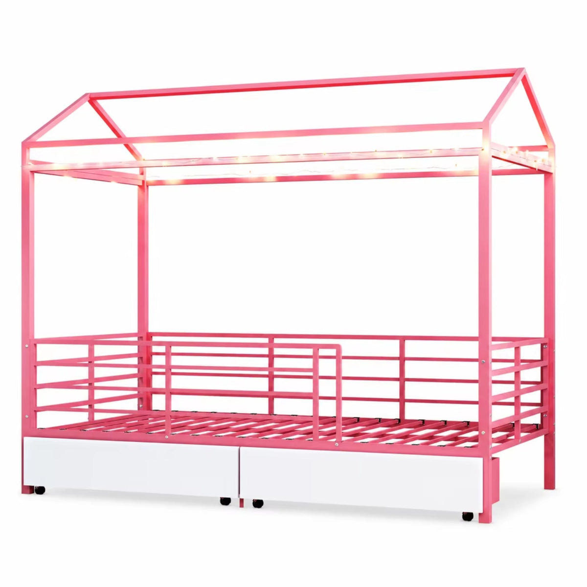 House Bed for Kids,Floor Bed for Boys Girls,Bed Frame with Roof,No Box Spring Needed Pink