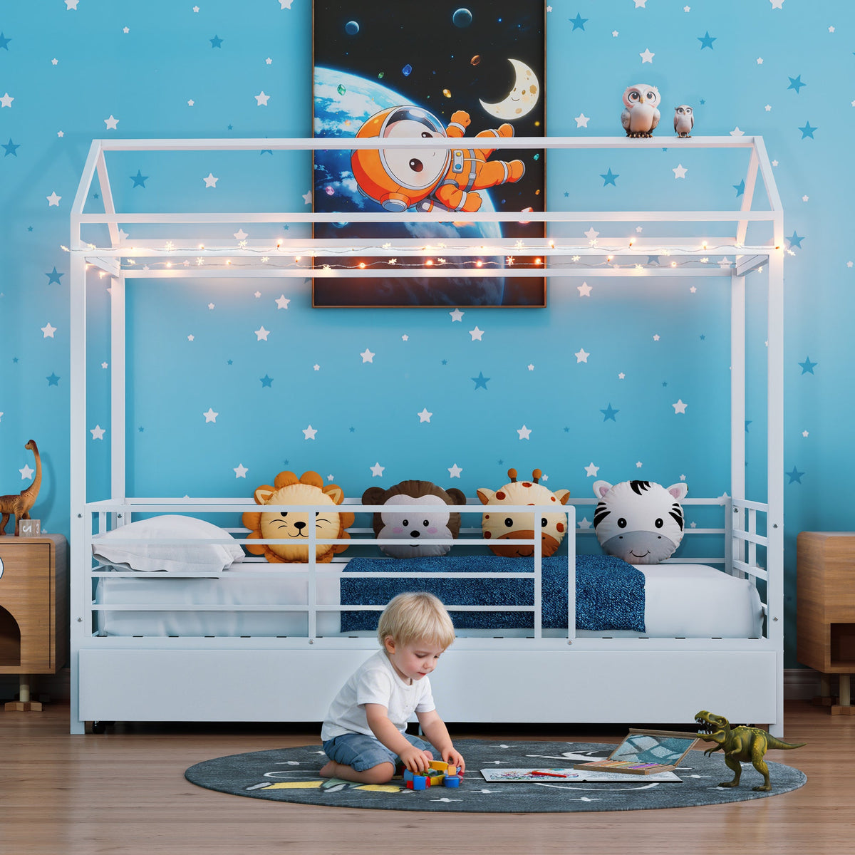 House Bed for Kids,Floor Bed for Boys Girls,Bed Frame with Roof,No Box Spring Needed White