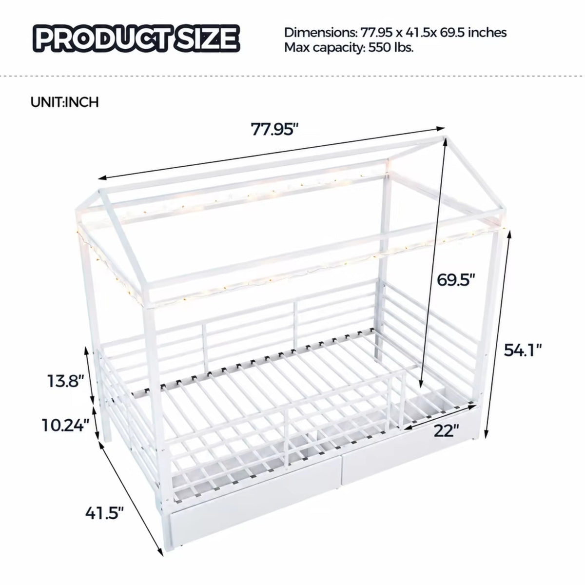 House Bed for Kids,Floor Bed for Boys Girls,Bed Frame with Roof,No Box Spring Needed White