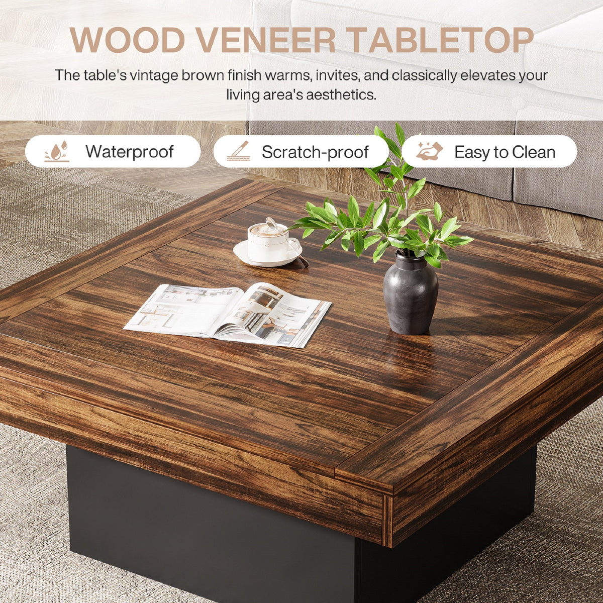 Rustic Square Coffee Table with Built-In Ambient Lighting