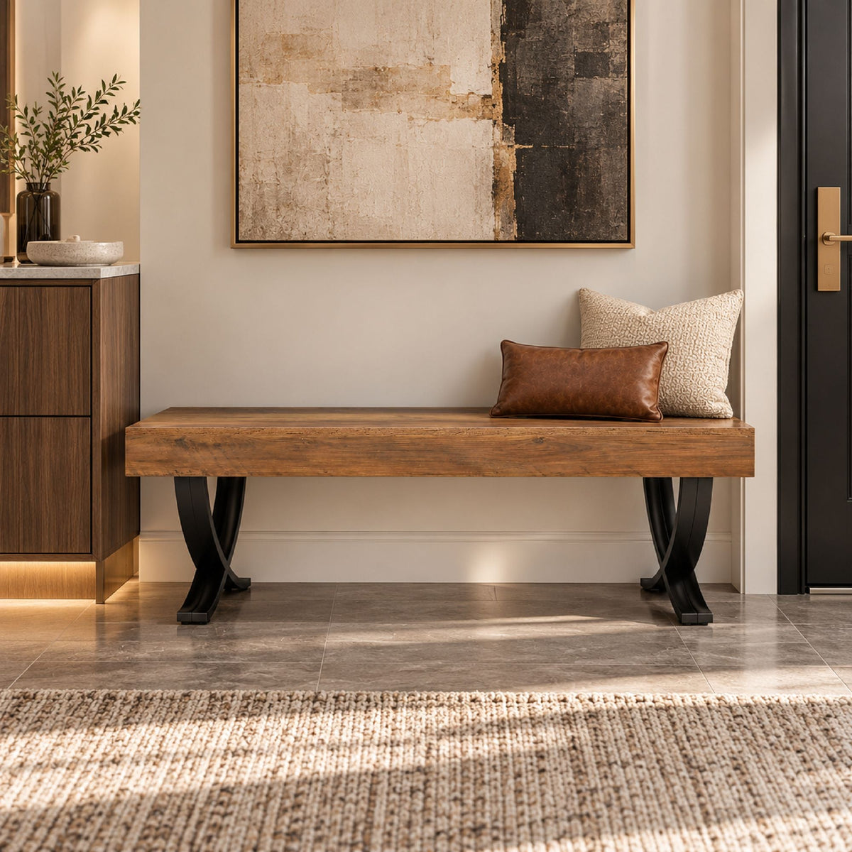 Ndustrial Entryway Bench with X-Frame Metal Base