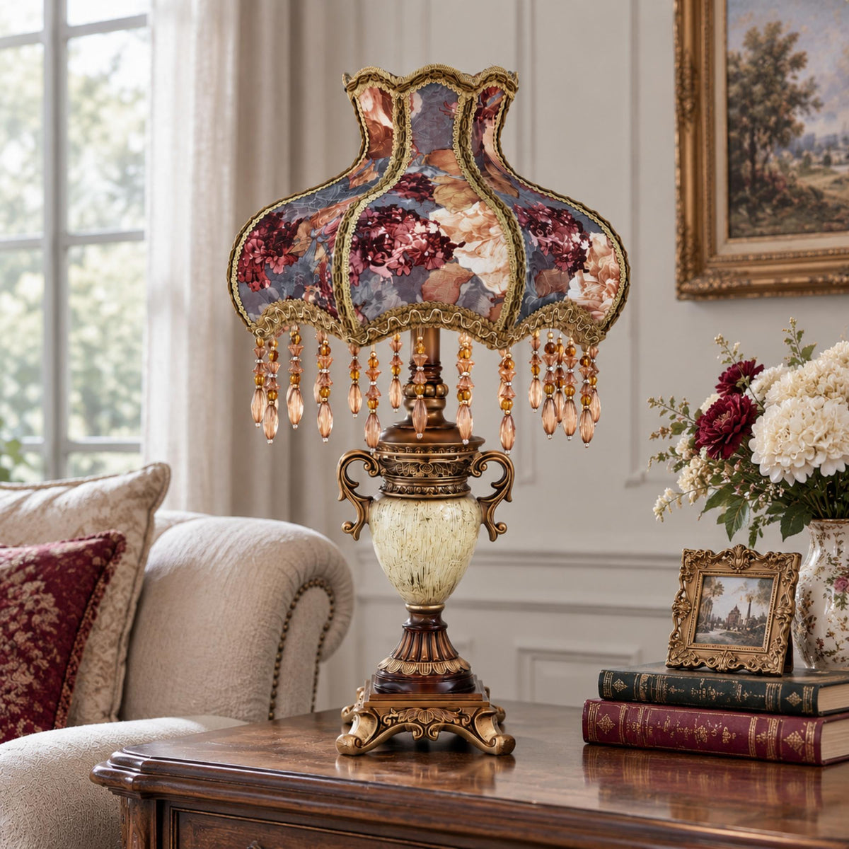 Traditional Floral Table Lamp with Beaded Fringe Shade