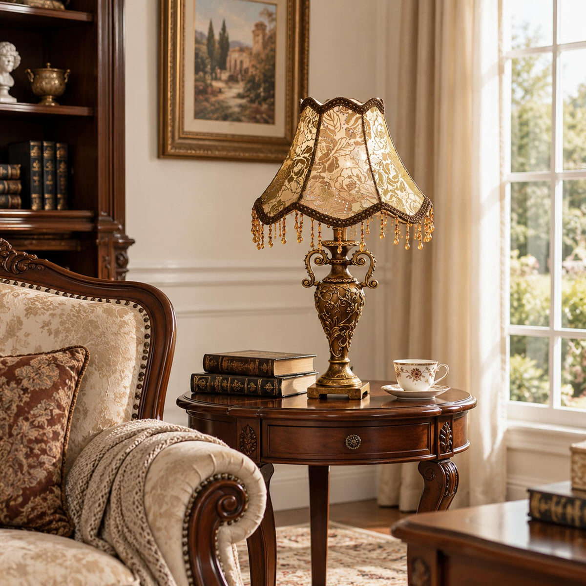 European Royal Style Table Lamp with Floral Fabric Shade
