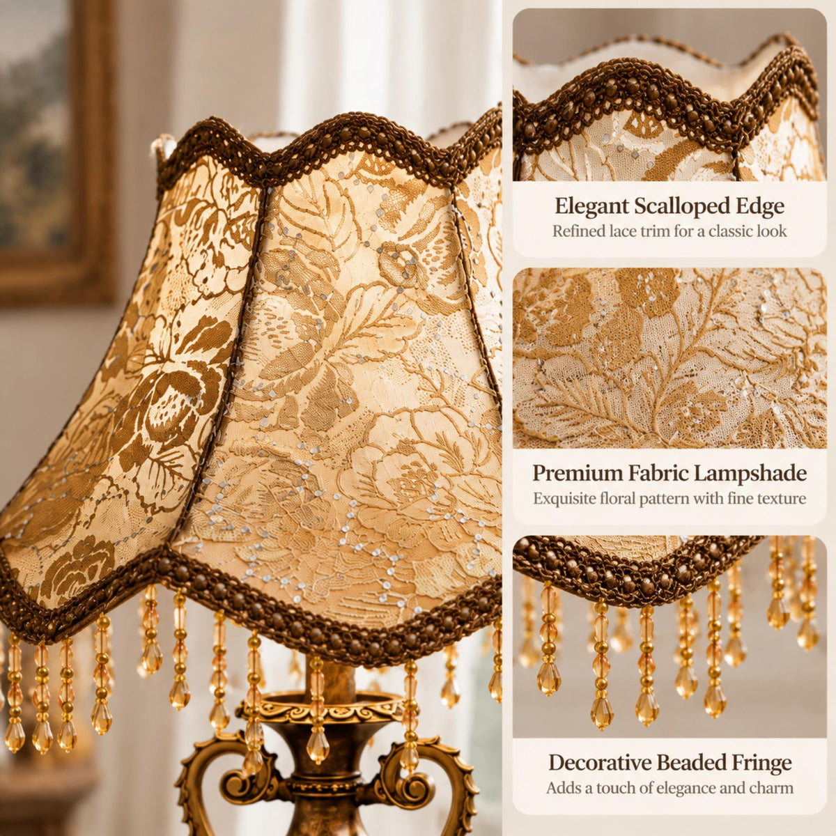 European Royal Style Table Lamp with Floral Fabric Shade