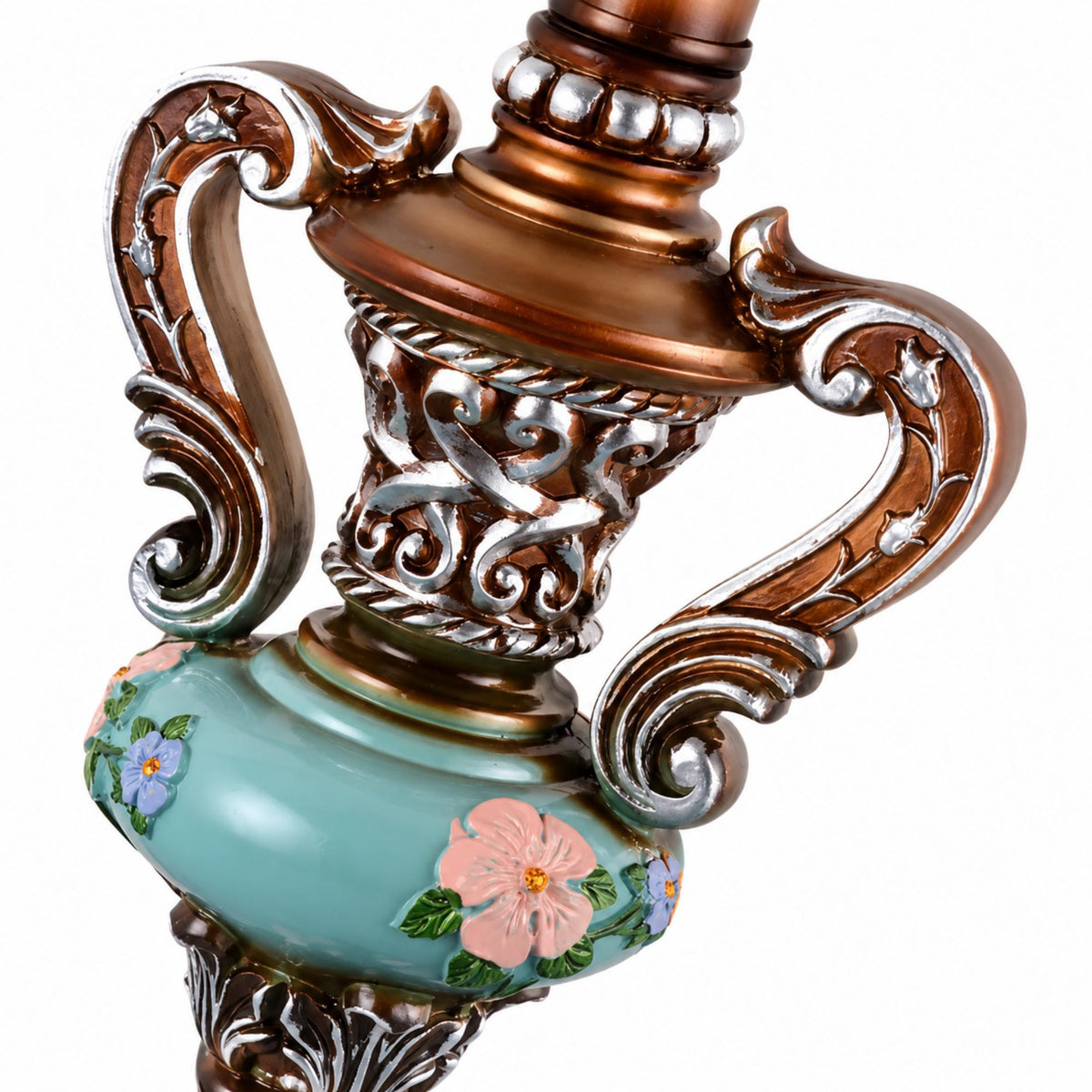 European Vintage Table Lamp with Turquoise Blue Floral Shade