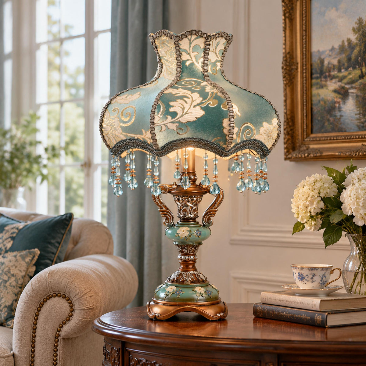 European Vintage Table Lamp with Turquoise Blue Floral Shade