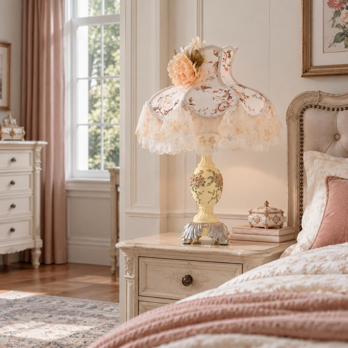 Romantic Cottage Table Lamp with Floral Lace Shade