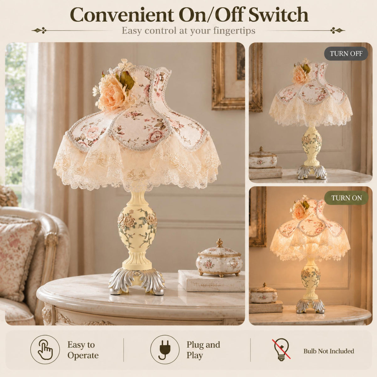 Romantic Cottage Table Lamp with Floral Lace Shade