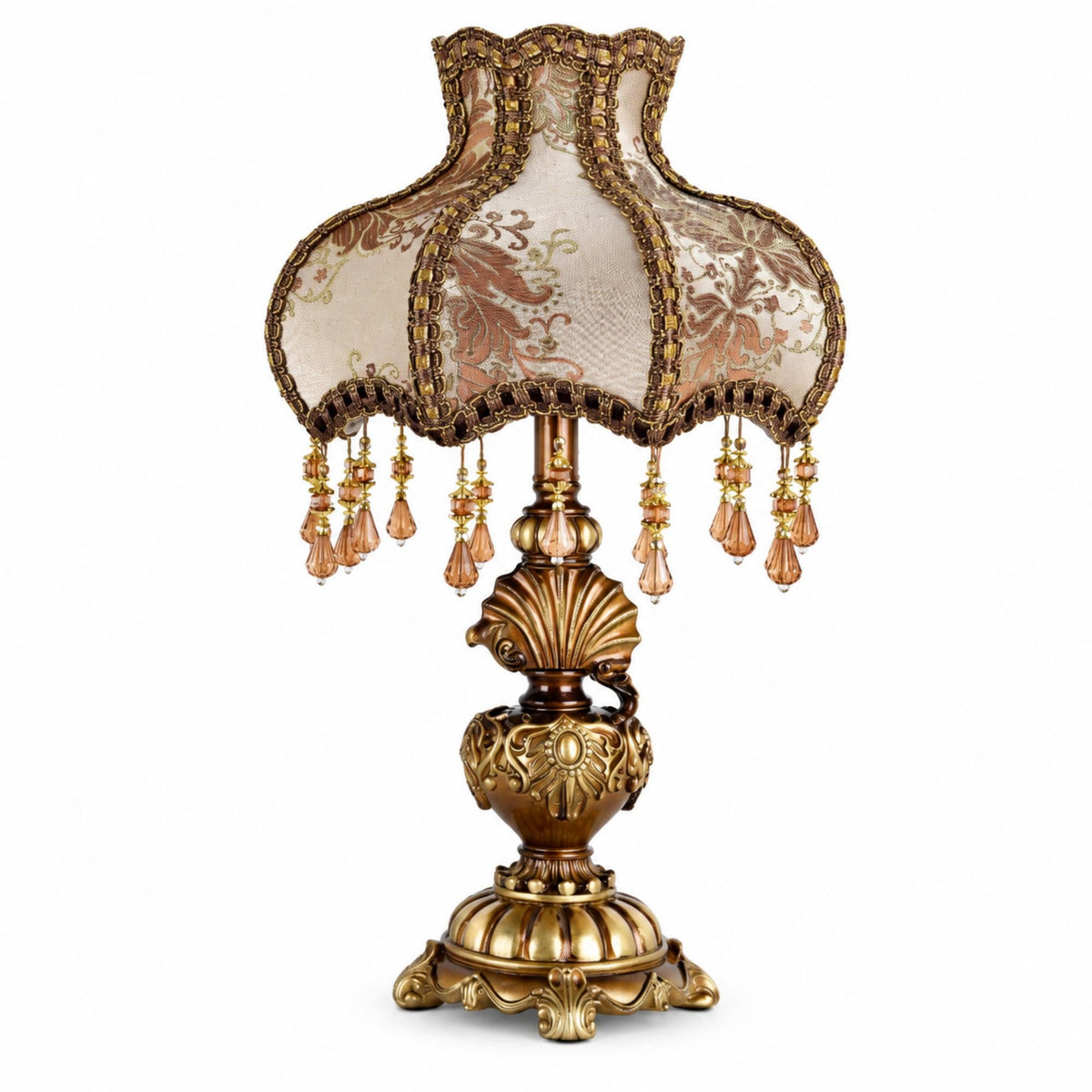 Antique Victorian Table Lamp with Damask Fabric Shade