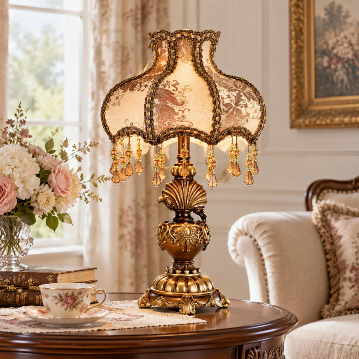Antique Victorian Table Lamp with Damask Fabric Shade