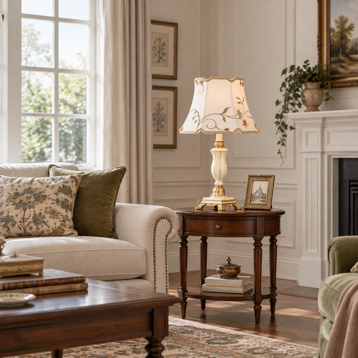 French Table Lamp with Embroidered Botanical Shade, Ivory and Gold Finish, Elegant Sculpted Base