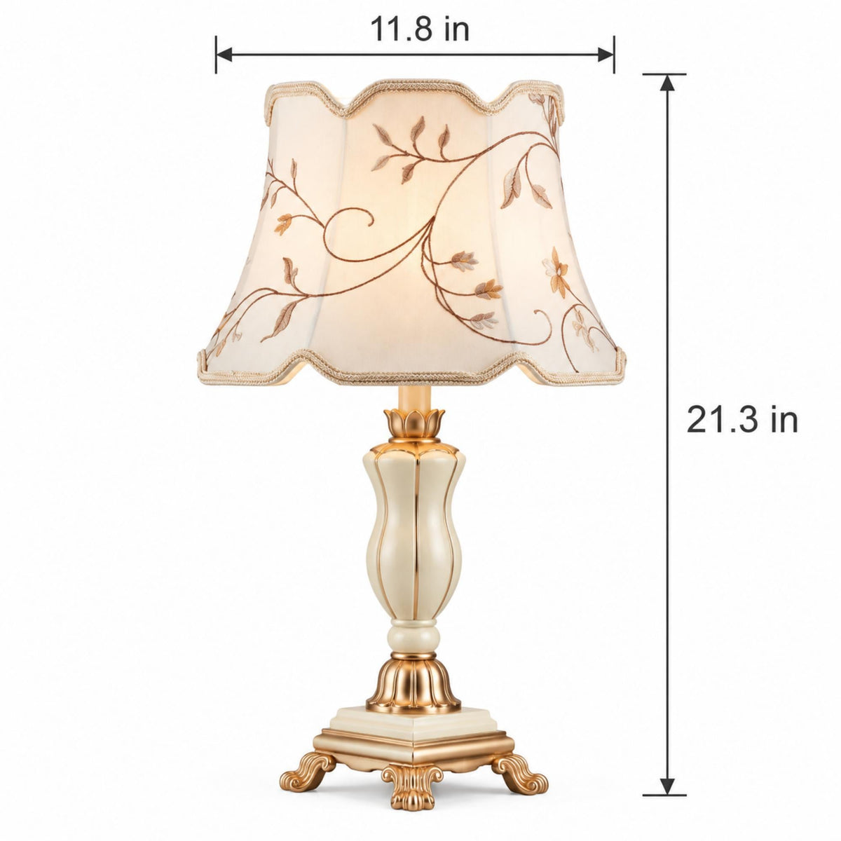 French Table Lamp with Embroidered Botanical Shade, Ivory and Gold Finish, Elegant Sculpted Base