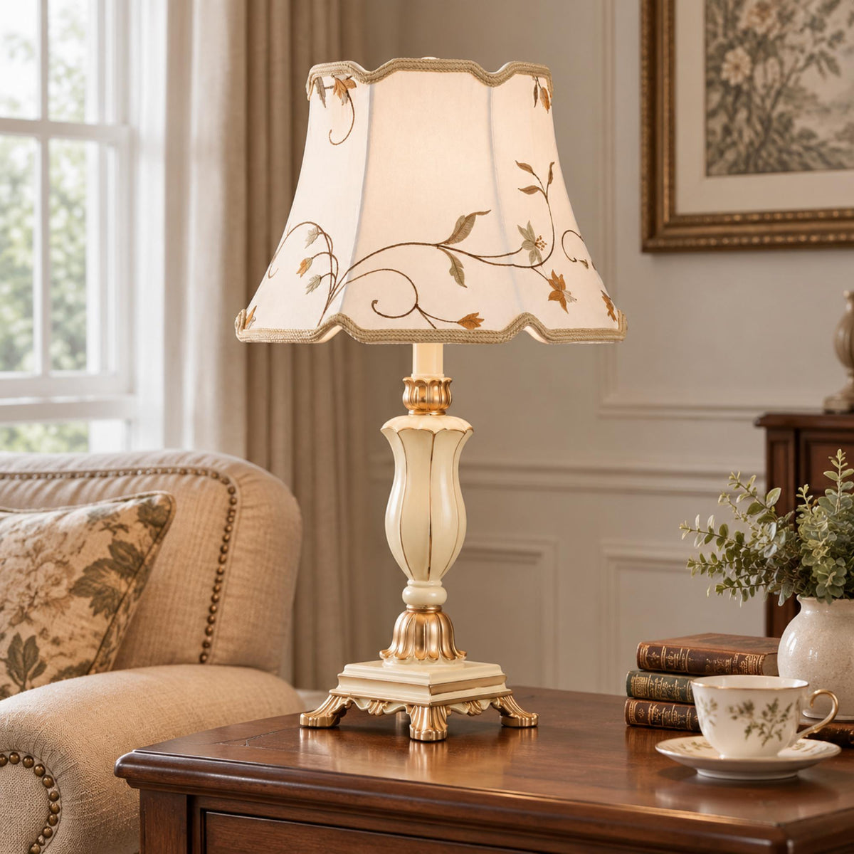 French Table Lamp with Embroidered Botanical Shade, Ivory and Gold Finish, Elegant Sculpted Base