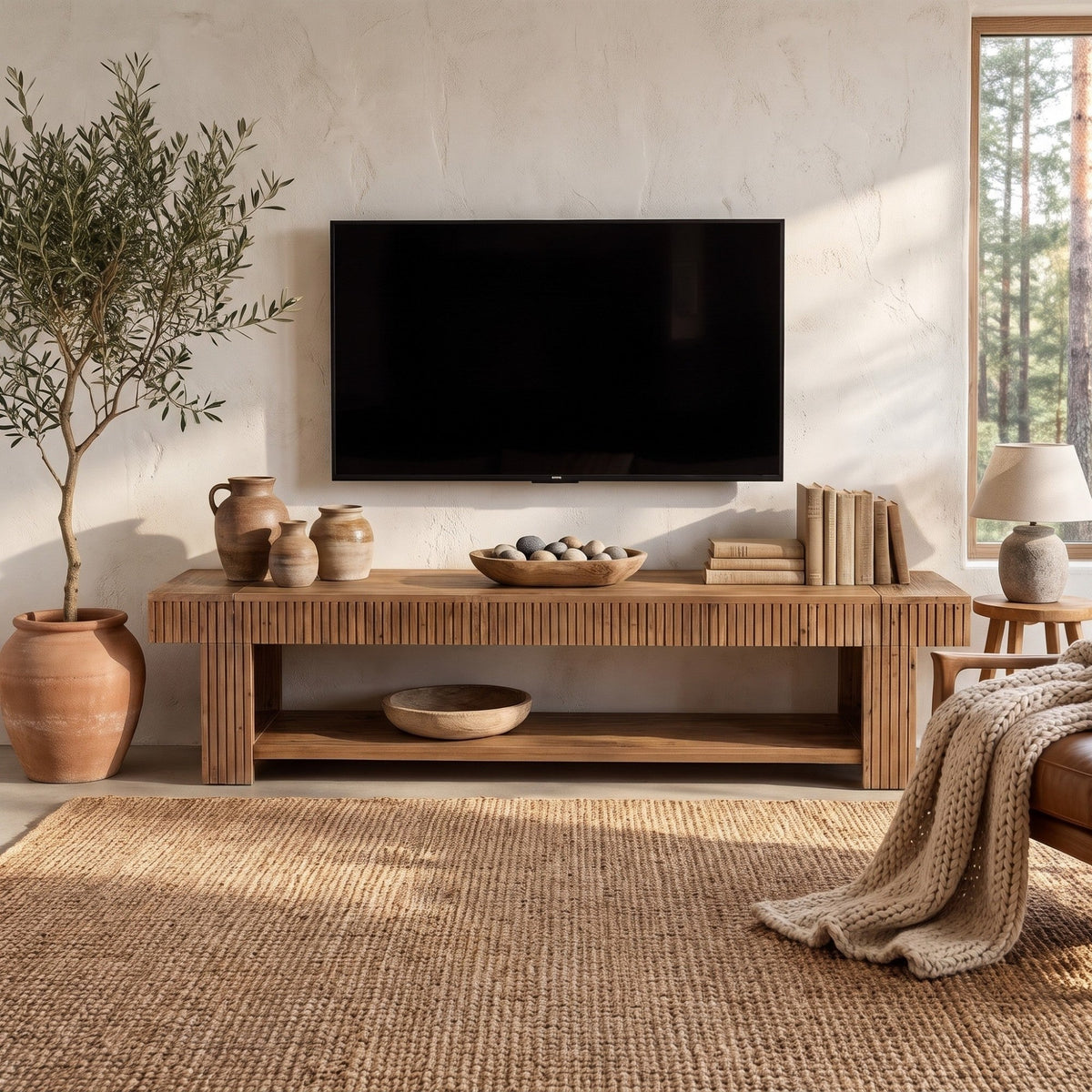 Fluted TV Stand Media Console with Open Storage Shelf