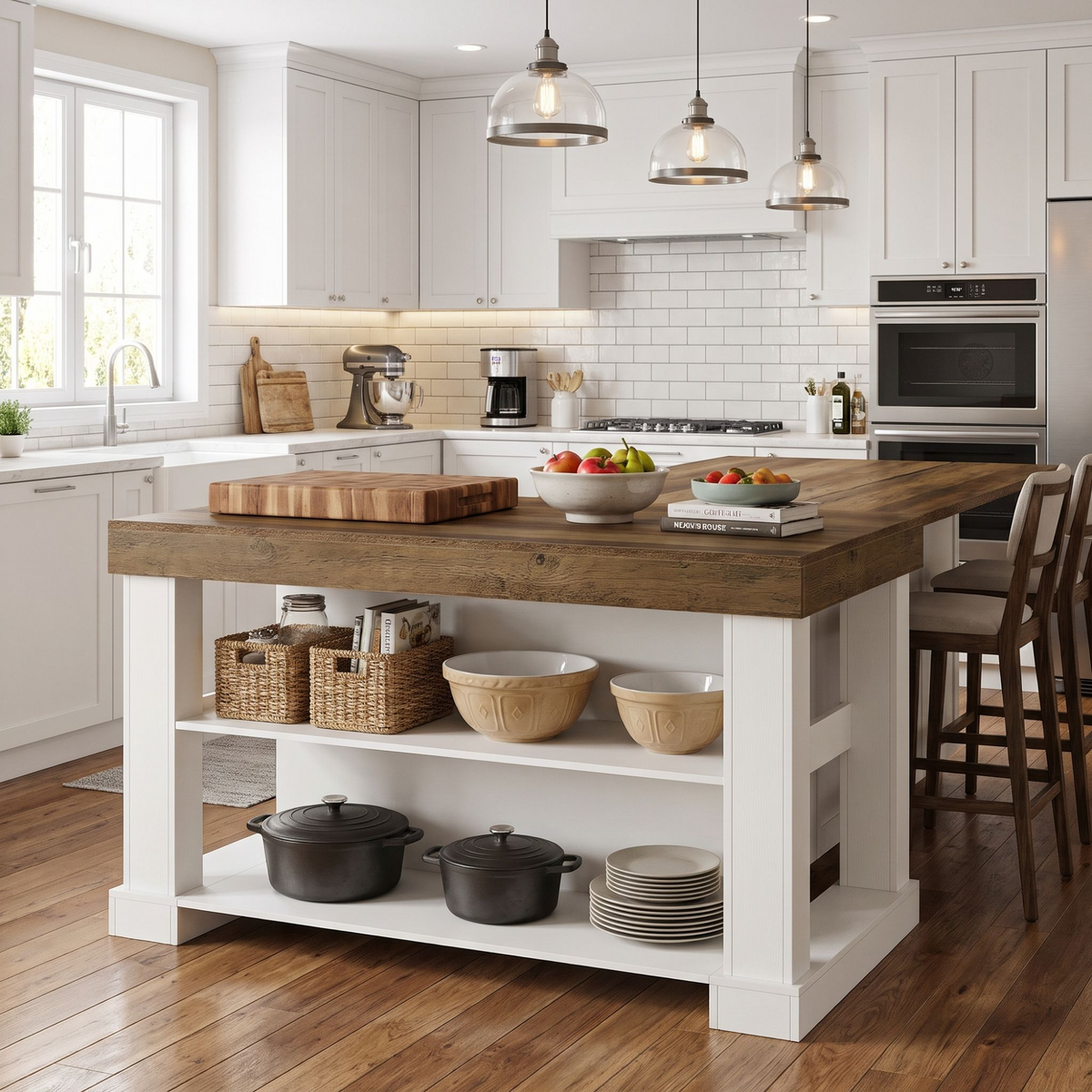 Two-Tone Kitchen Island with Open Storage Shelves