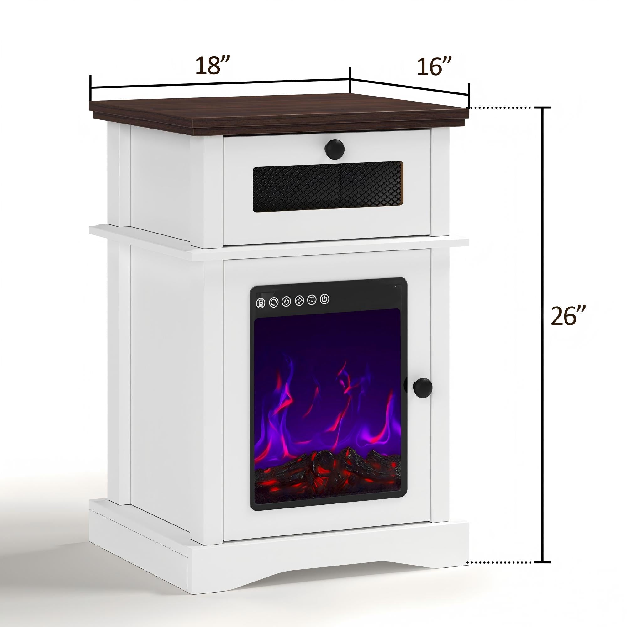 LED Fireplace Nightstand with Drawer,Adjustable Light Bedside Table for Bedroom, Living Room
