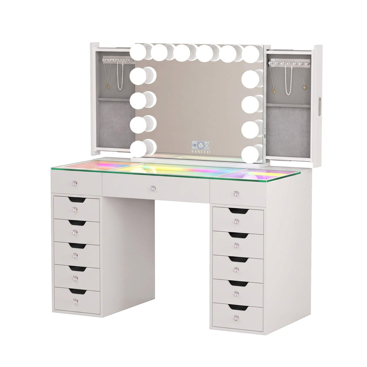 VANITII Eva-RGB Vanity Desk Set Including Marilyn Hollywood Vanity Mirror Pro with Jewelry Organizer