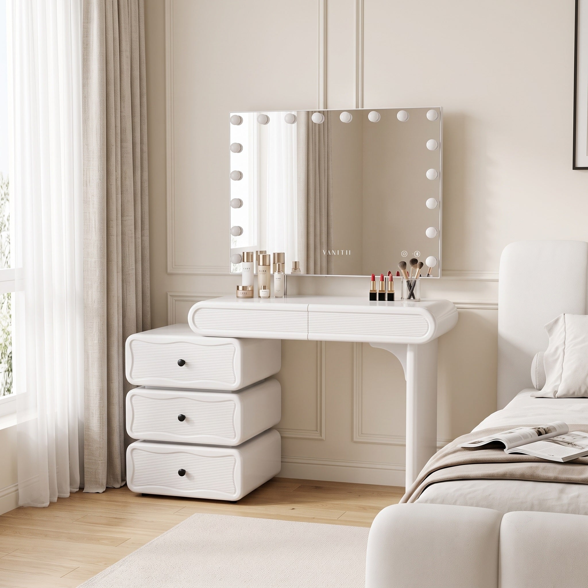 VANATII Jenny Vanity Desk Set With Movable Drawers & 18 LED Bulbs Mirror