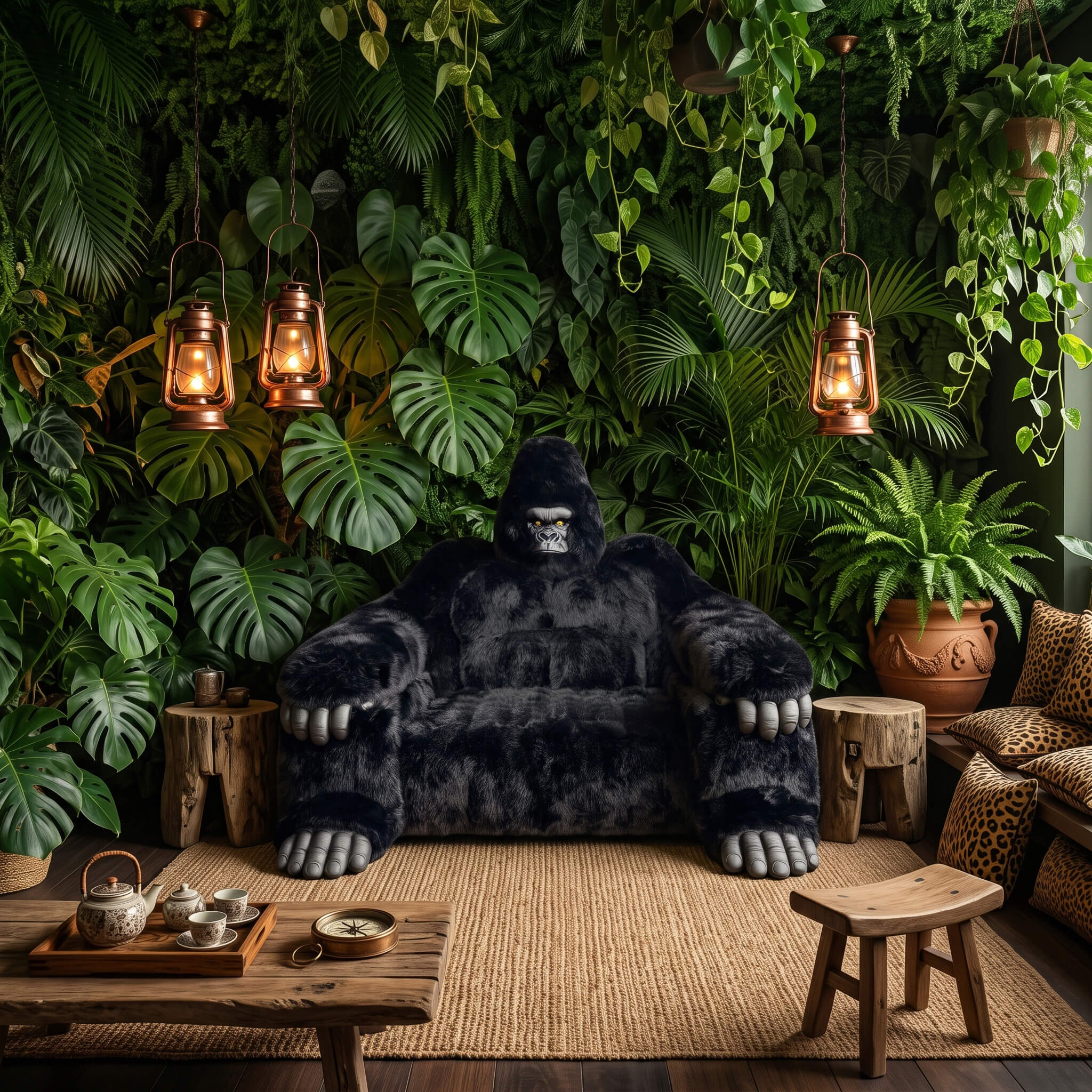 A oversized gorilla-shaped sofa sits in a lush jungle-themed room.